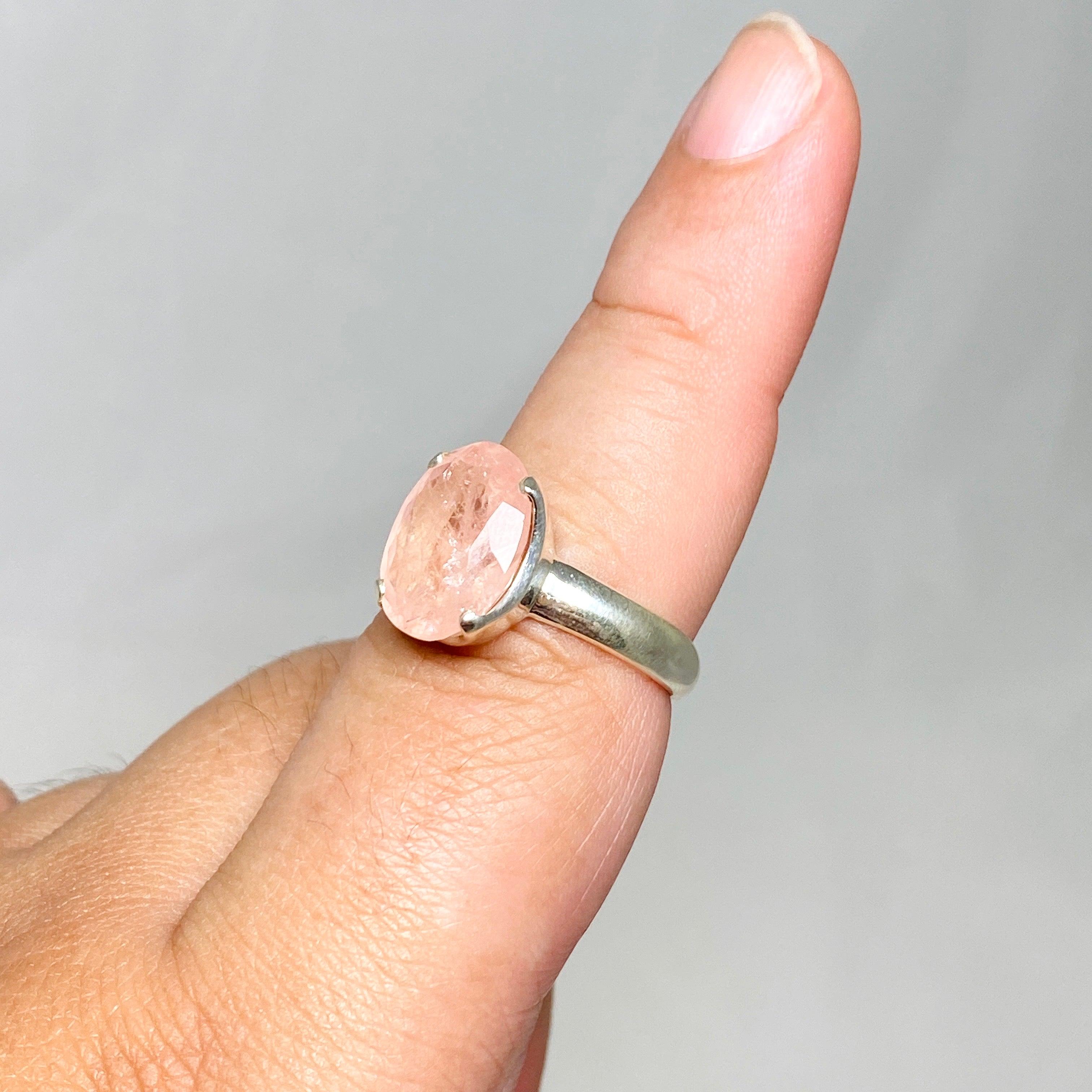 Morganite Faceted Oval Ring - Size 9 Sterling Silver Jewelry for Women, Elegant Engagement & Wedding Gift - PRGJ440