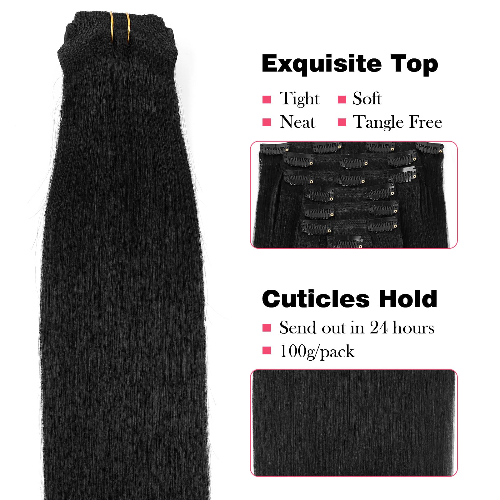 Sassina 22 Inch Yaki Clip-in Human Hair Extensions - Double Weft Remy Straight Hair for Black Women - 7 Pieces with 17 Clips (120g, Jet Black #1) - Perfect for Daily Styling, Parties & Special Occasions
