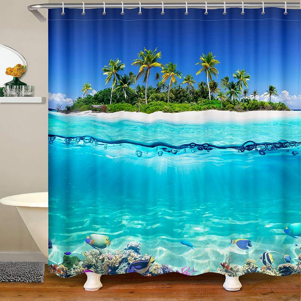 Waterproof Beach Bathroom Shower Curtain with 12 Hooks - Tropical Island Coral Reef Ocean Theme for Kids & Boys - 72x72 Inches - Perfect for Bathrooms, Beach Houses & Coastal Decor