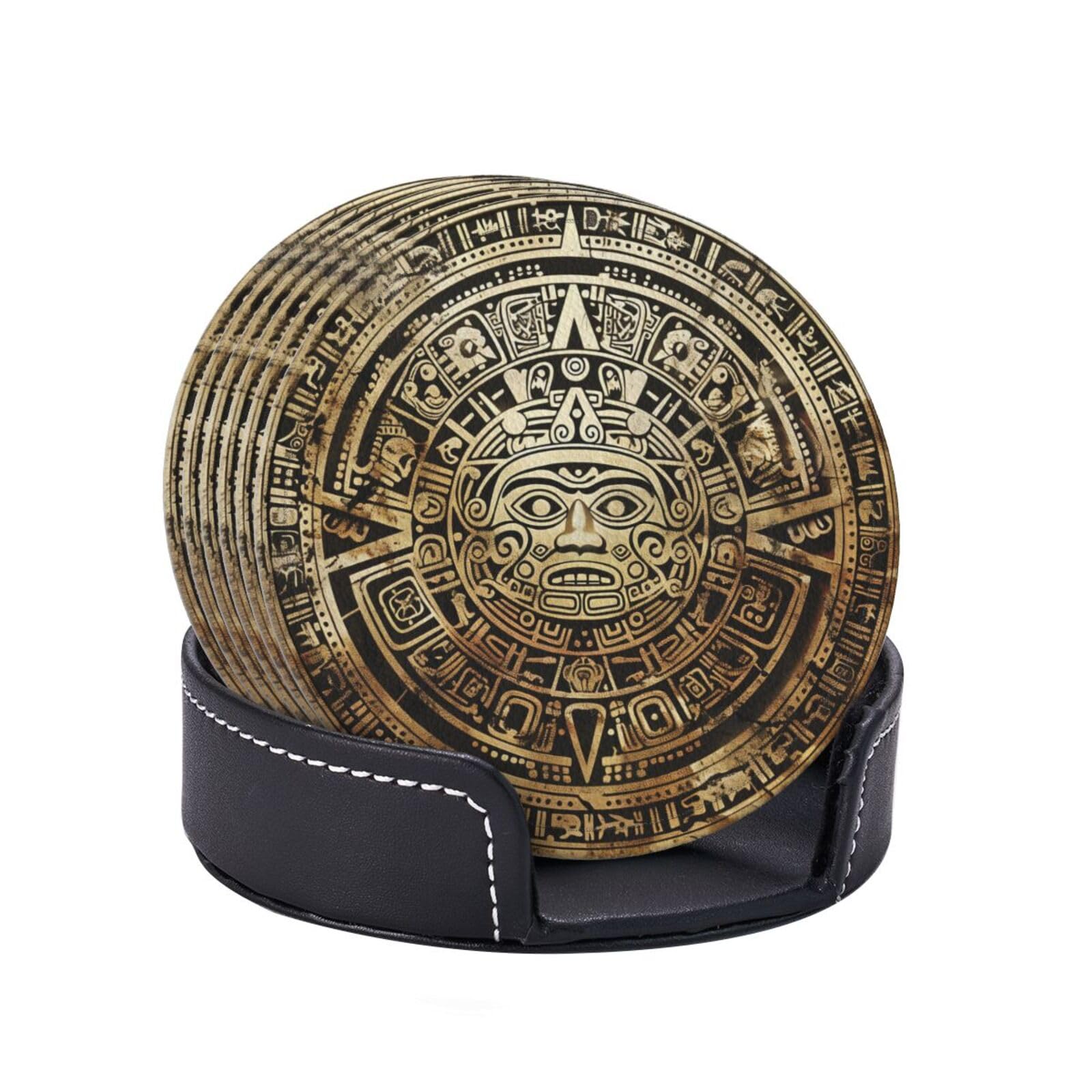 Aztec Calendar Mayan Coasters Set of 6 with Holder - Leather Drink Coasters for Cups & Mugs - Round Table Mat Pads for Home, Kitchen & Office Decor