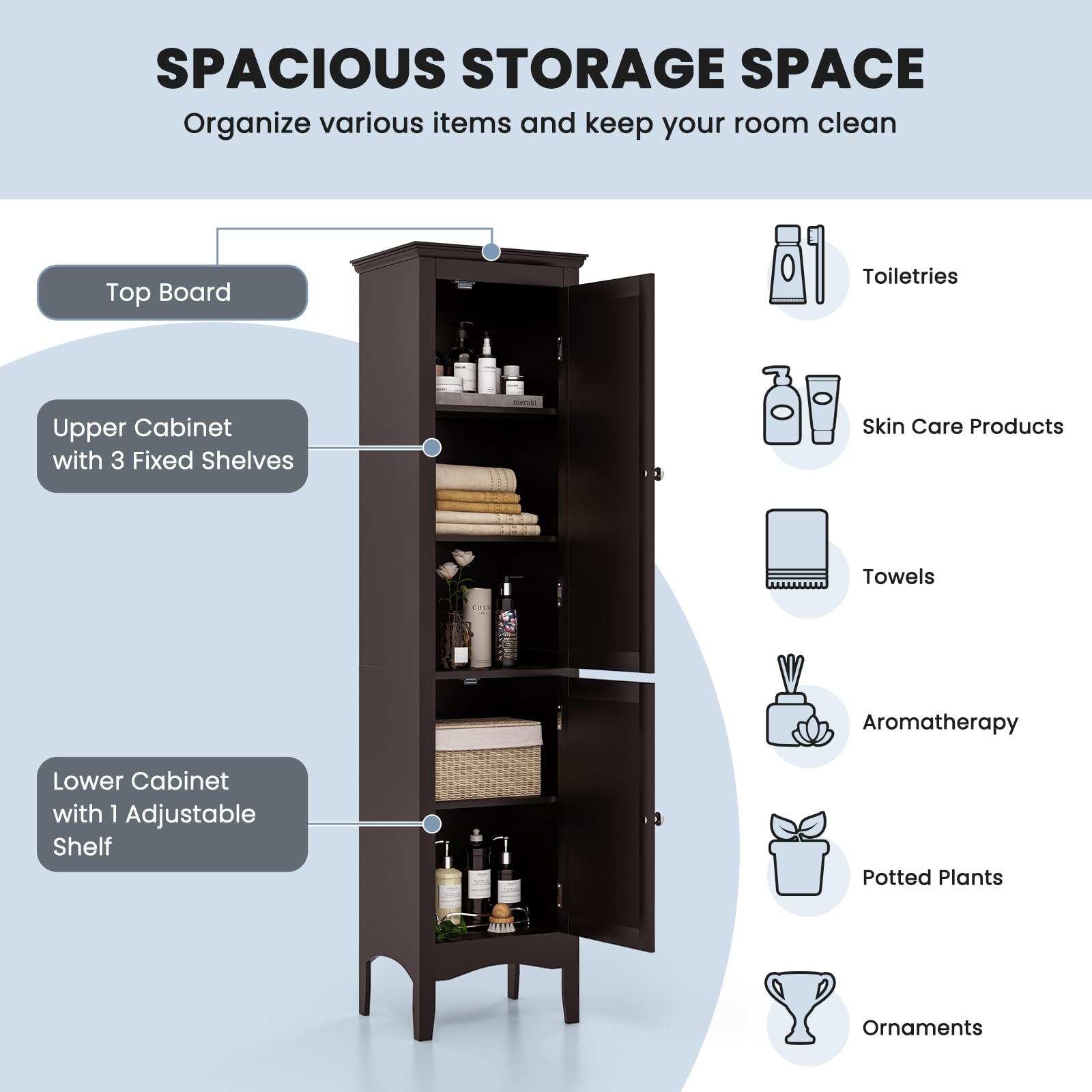 Tall Narrow Bathroom Storage Cabinet with 3 Adjustable Shelves - 2 Door Freestanding Organizer with Anti-Tip Device for Bathroom, Living Room, Bedroom - Space Saving Home Organization Solution (Brown)