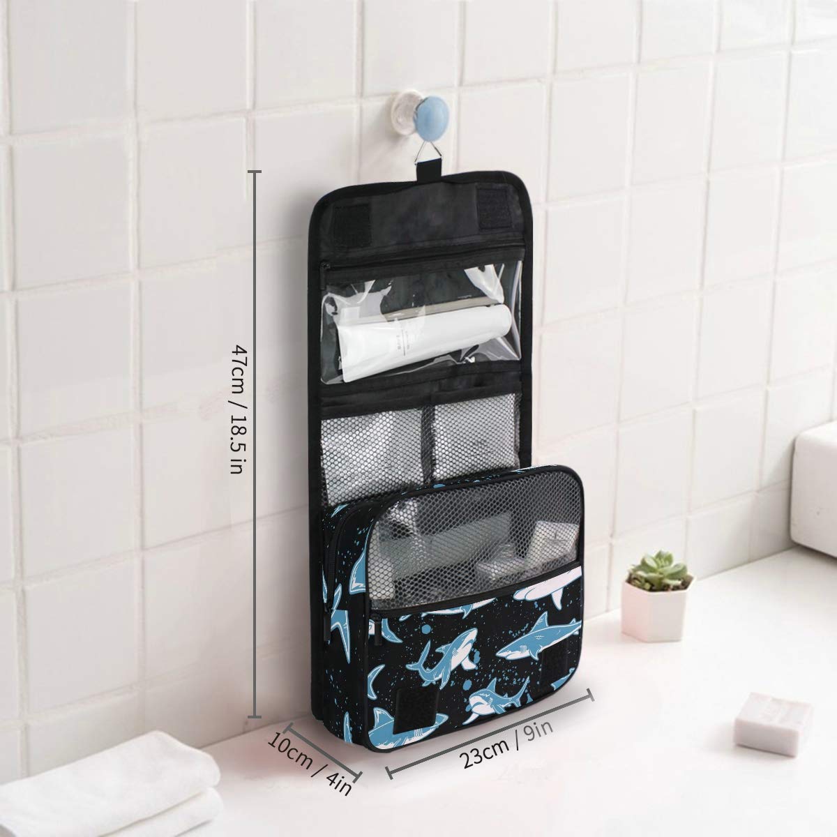 **Senya Hanging Travel Toiletry Bag Kit for Men & Women – Waterproof Cosmetic Organizer with Shark Design – Perfect for Camping, Gym, Business Trips & Vacation**