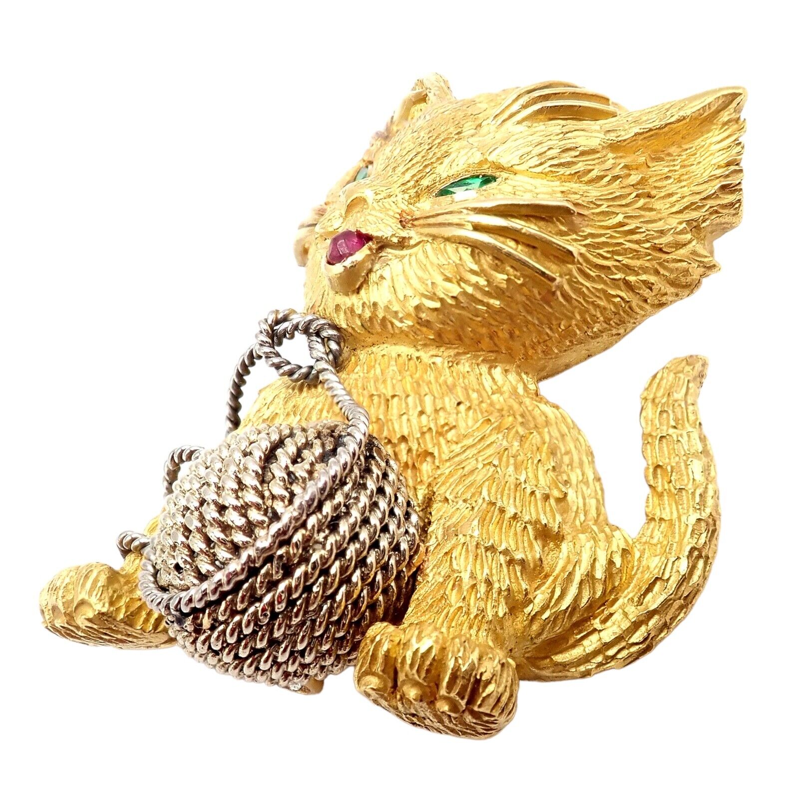 Vintage Tiffany & Co. France 20k Yellow Gold Ruby Emerald Cat Brooch Pin - Elegant Collectible Jewelry for Special Occasions & Gift Giving