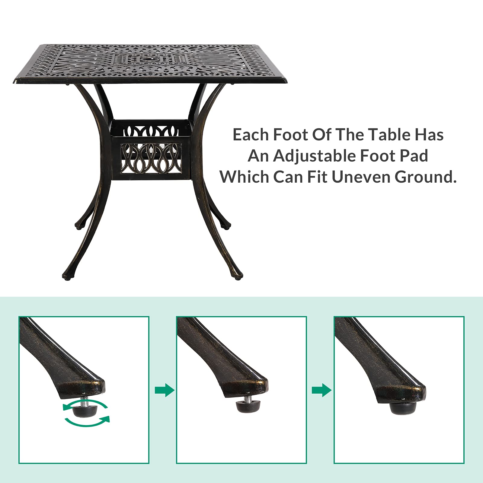 VIVIJASON 35.4 Inch Outdoor Patio Dining Square Table - Bronze Cast Aluminum Rustic Large Patio Table with Umbrella Hole - Perfect for Backyard, Garden, and Poolside Gatherings