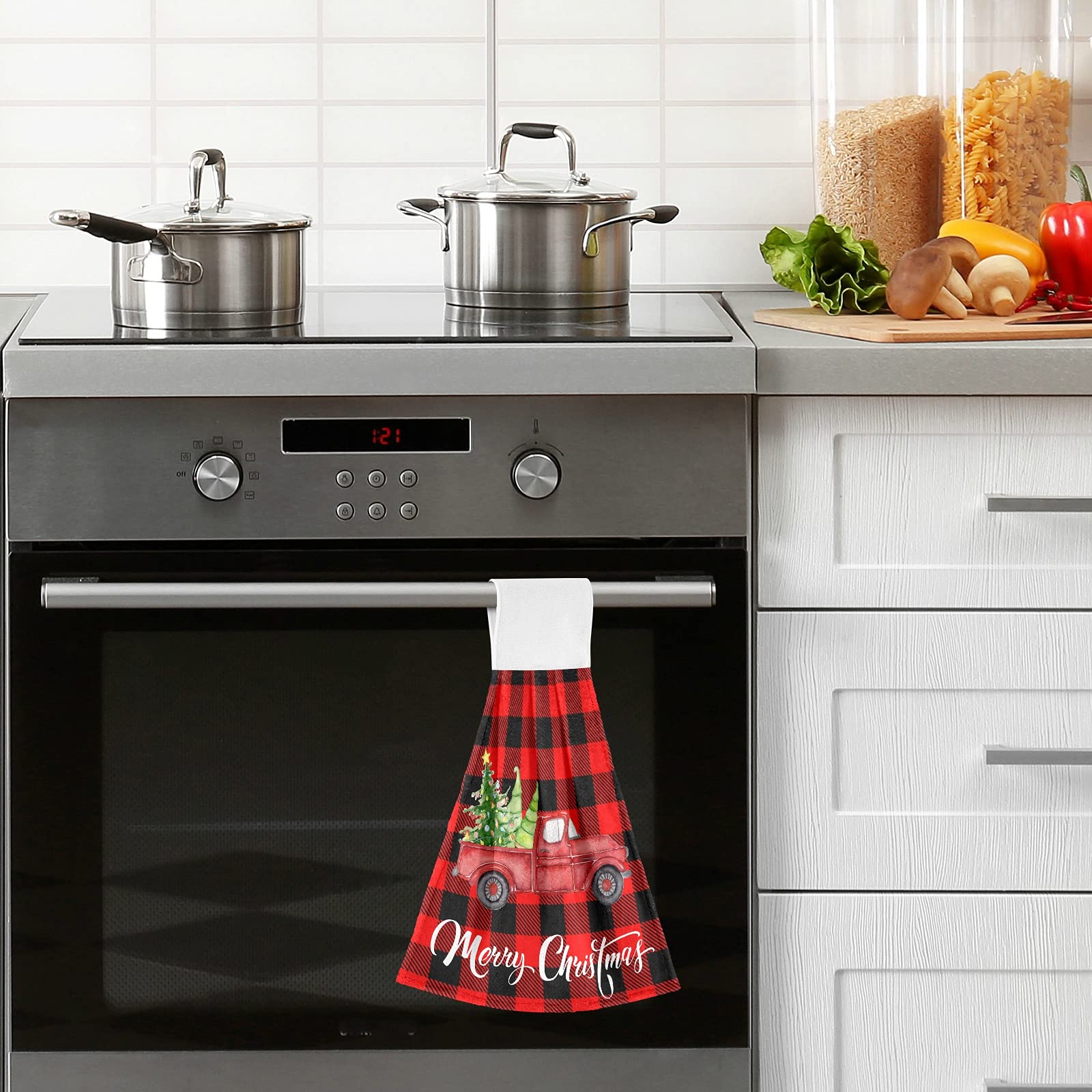 Boccsty Christmas Tree Truck Hanging Hand Towels - 2 Pack Winter Snowflake Kitchen Towels, Plaid Tartan Bathroom & Face Towels for Home Spa | Perfect for Holiday Decor, Kitchen Use & Bathroom Essentials