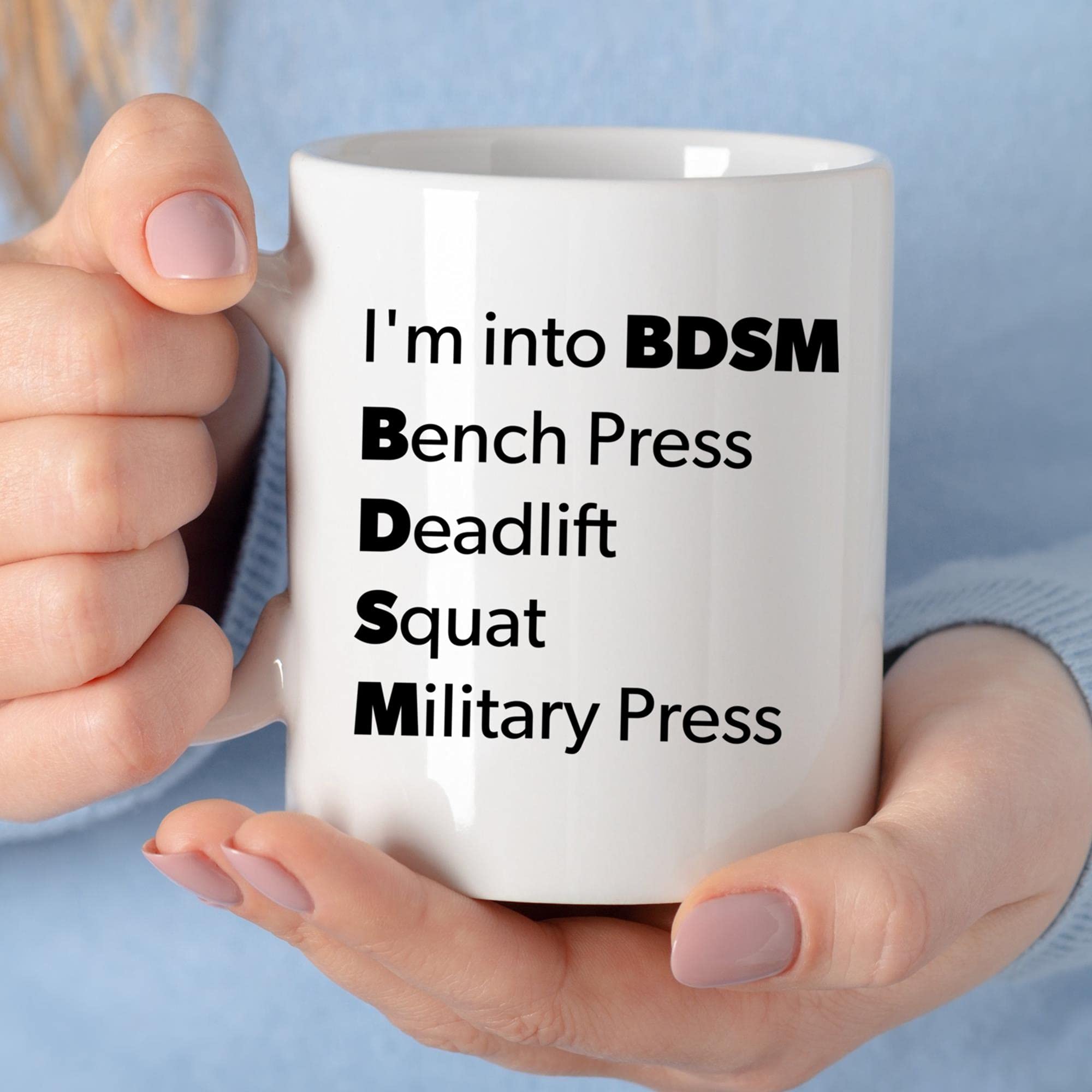 Funny Gym Coffee Mug 11oz - BDSM Workout Humor (Bench Press, Deadlift, Squat, Military Press) - Perfect Gift for Weightlifters & Fitness Enthusiasts - Great for Gym, Home, or Office Use