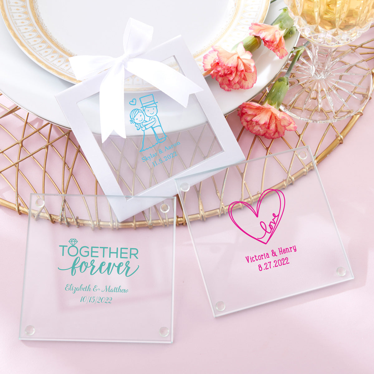 Custom Engraved Glass Coasters Set of 4 - Personalized Drink Coasters for Home Bar, Wedding Gifts & Housewarming - Elegant Glass Drink Coasters for Coffee Table, Office Desk & Party Decor
