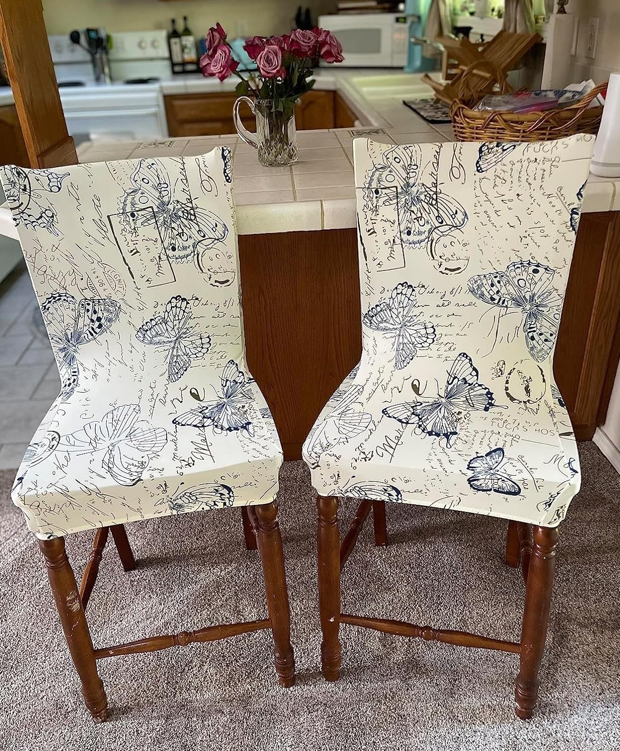 Stretch Washable Bar Stool Covers Set of 4 - Counter Height Chair Seat Covers for Kitchen, Dining Room & Cafe - Floral Butterfly Design - Perfect for Home Decor, Restaurant Upgrade & Indoor/Outdoor Use
