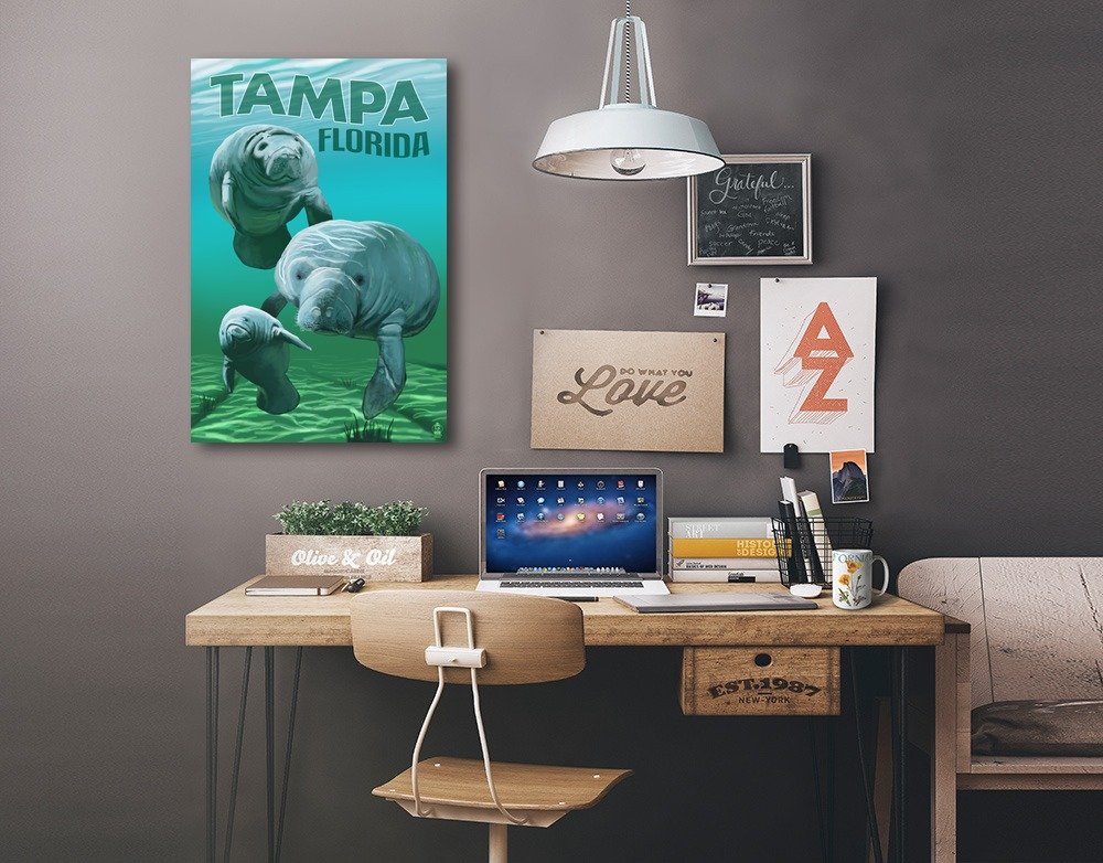 Lantern Press Tampa Florida Manatees Wall Art - 16x24 Wrapped Canvas Print - Coastal Home Decor for Living Room, Bedroom & Office