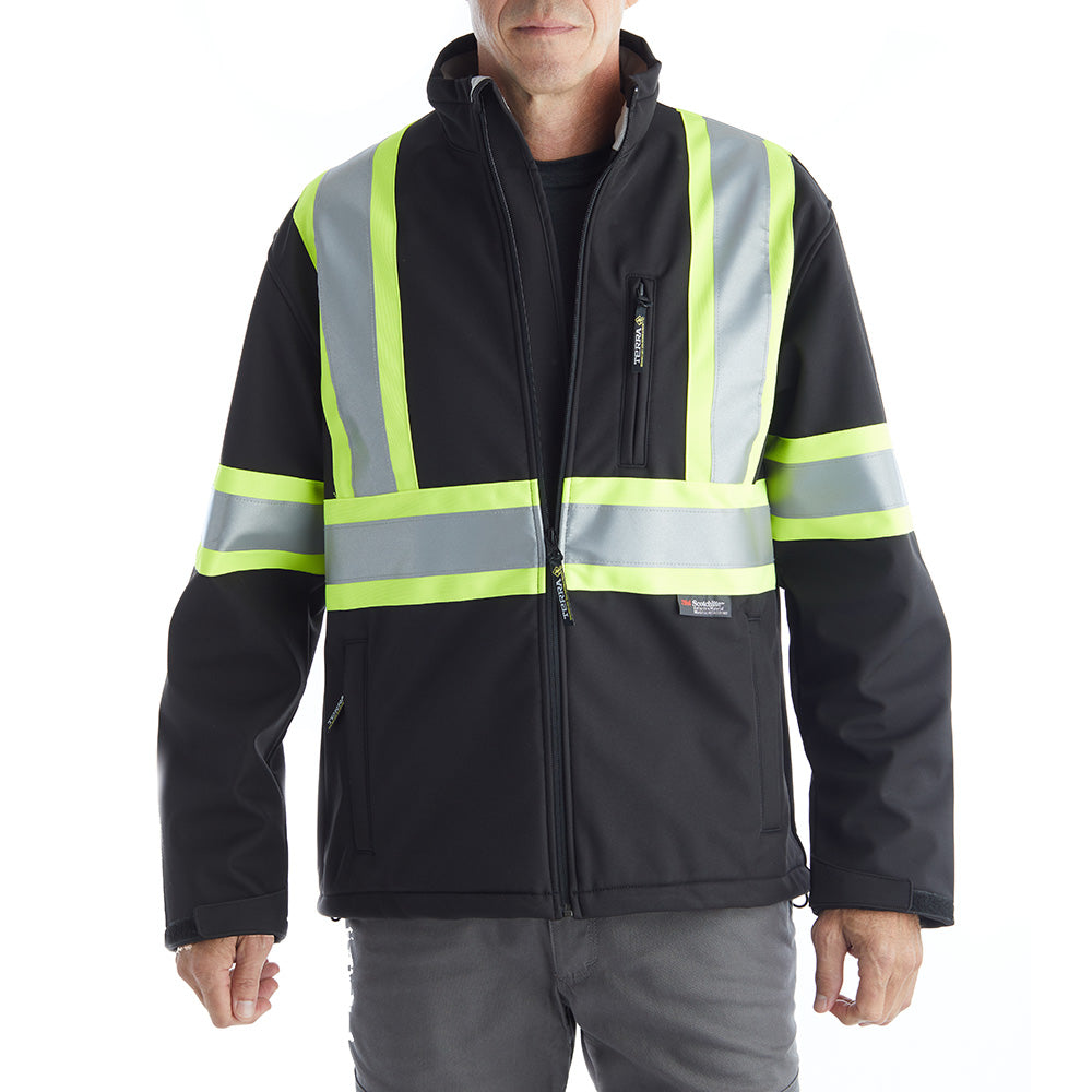 Terra High Visibility Softshell Work Jacket for Men - Black (116516BK) | Waterproof & Windproof Safety Jacket for Construction, Road Work & Outdoor Winter Activities