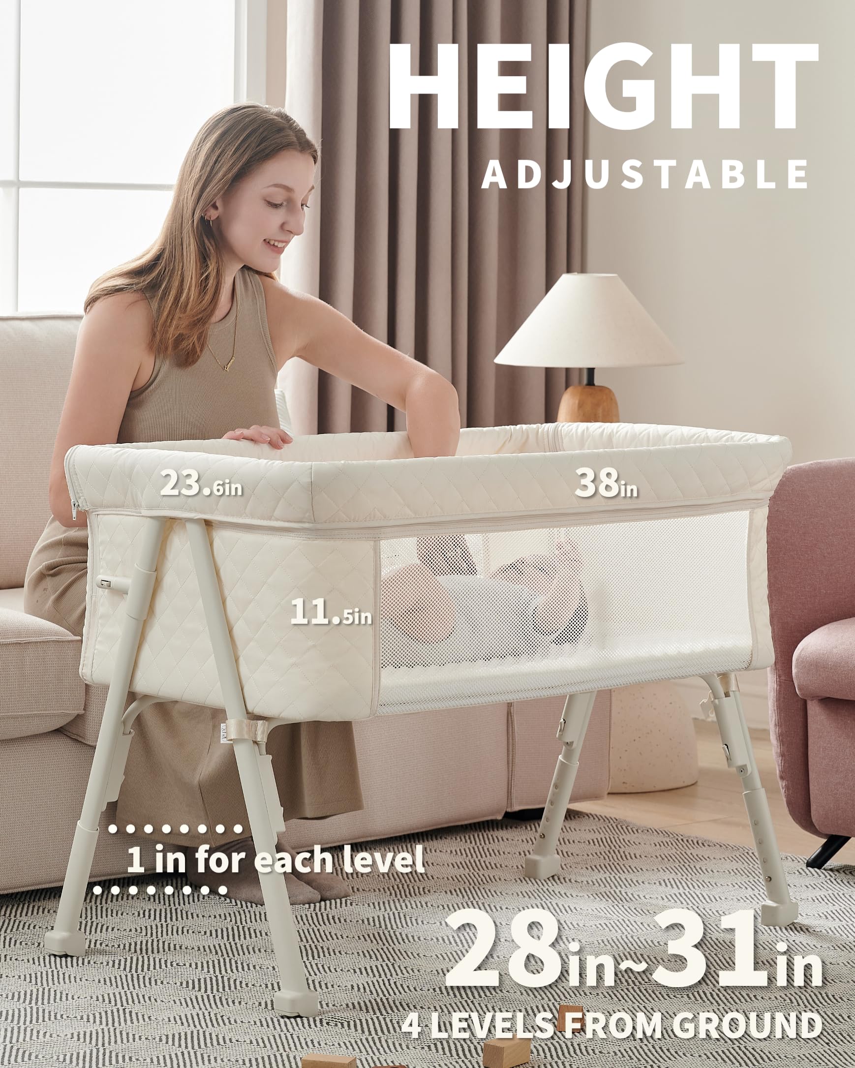 Portable Baby Bassinet Bedside Sleeper with Adjustable Height & Breathable Mesh - Safe Newborn Crib with Auto-Lock Wheels & Mattress - Perfect for Nursery, Bedroom Co-Sleeping & Overnight Care