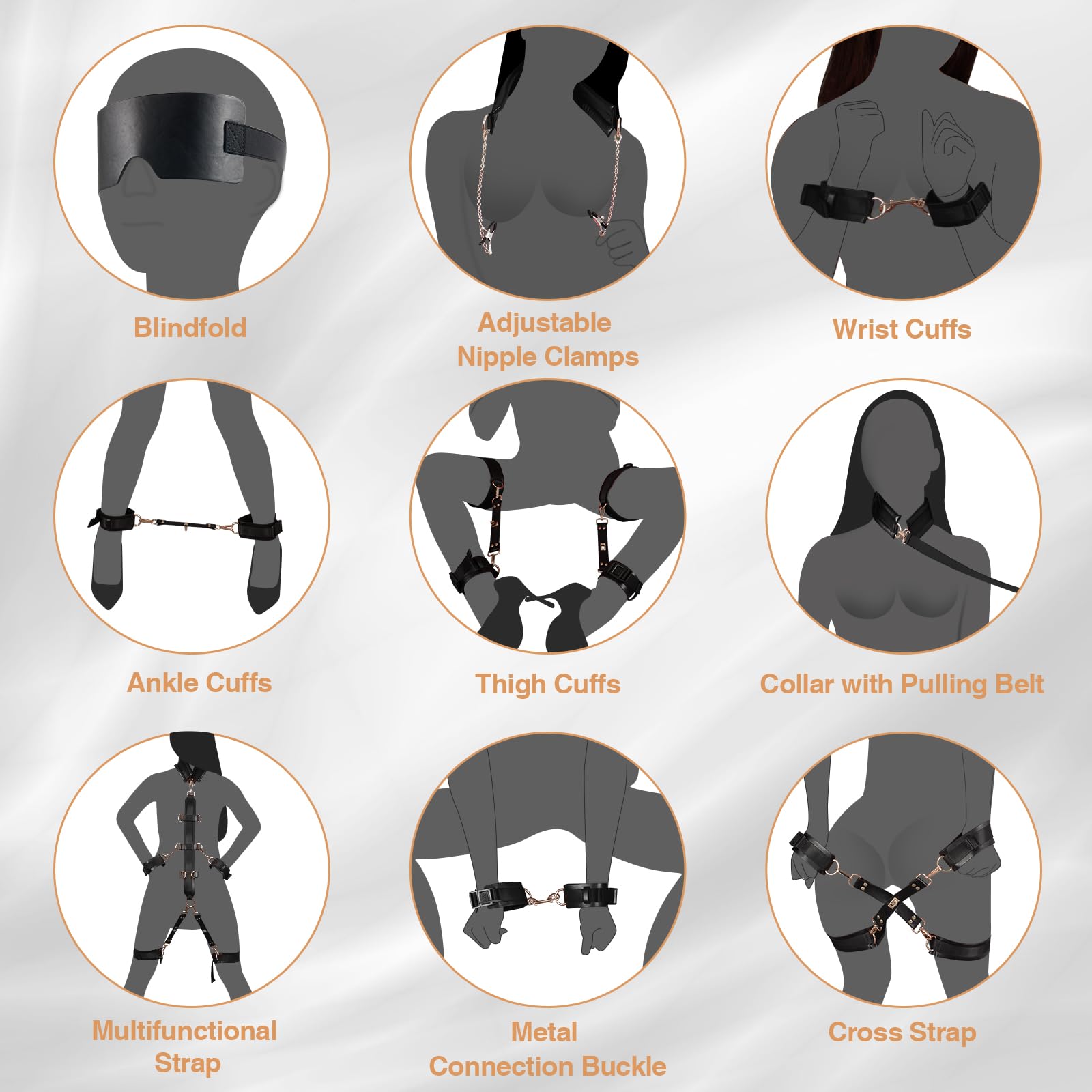 Premium 9-Piece BDSM Bondage Kit for Couples - Leather Handcuffs, Collar, Ankle Cuffs, Blindfold & Nipple Clamps - Beginner to Advanced Adult Toys for Sensual Play & Spicing Up Relationships - Perfect for Roleplay, BDSM Exploration & Intimate Couples Games