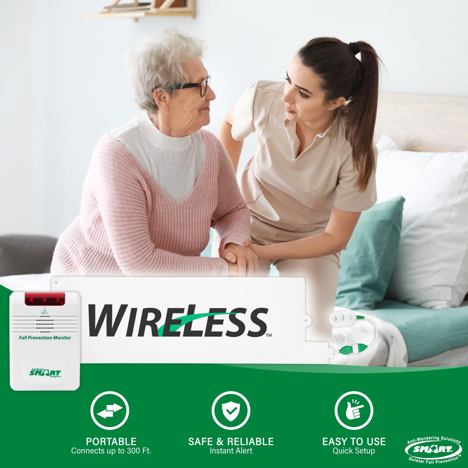 Smart Caregiver Wireless Bed Alarm System - Cordless Weight Sensing Bed Pad (10” x 30”) with Remote Alert Monitor for Elderly & Patient Safety | Includes Free Cleaning Wipes & 7-Day Pill Organizer | Ideal for Home Care, Nursing Homes, and Hospitals