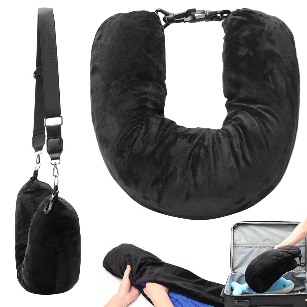 HANNEA® Adjustable Stuffable Travel Neck Pillow - Soft Velvet U-Shaped Pillow Cover for Airplane, Car & Office - Packable Clothing Storage Case - No Filler Included - Perfect for Long Flights & Road Trips