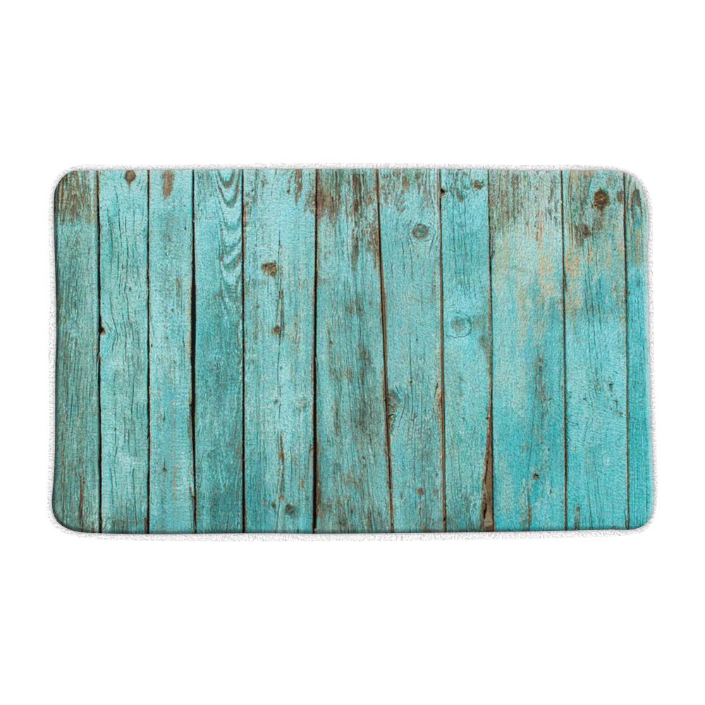 Rustic Wooden Bath Mat - Farmhouse Style Non-Slip Memory Foam Rug (16x24 Inch) | Vintage Blue Teal Wood Look Planks for Bathroom, Kitchen & Entryway Decor