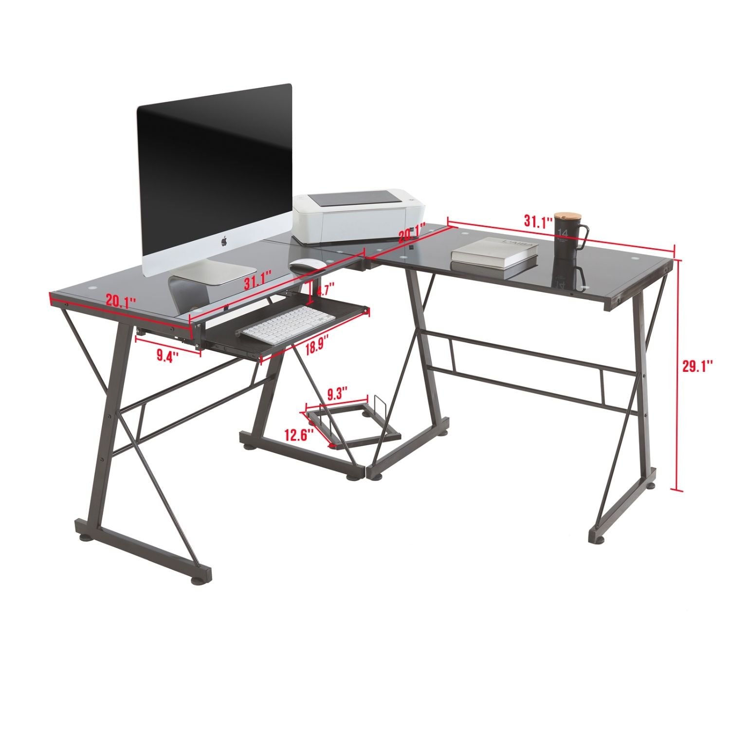 L-Shaped Corner Computer Desk with Tempered Glass Top - Ergonomic Home Office Workstation for PC & Laptop (Black) | Perfect for Small Spaces & Gaming Setups