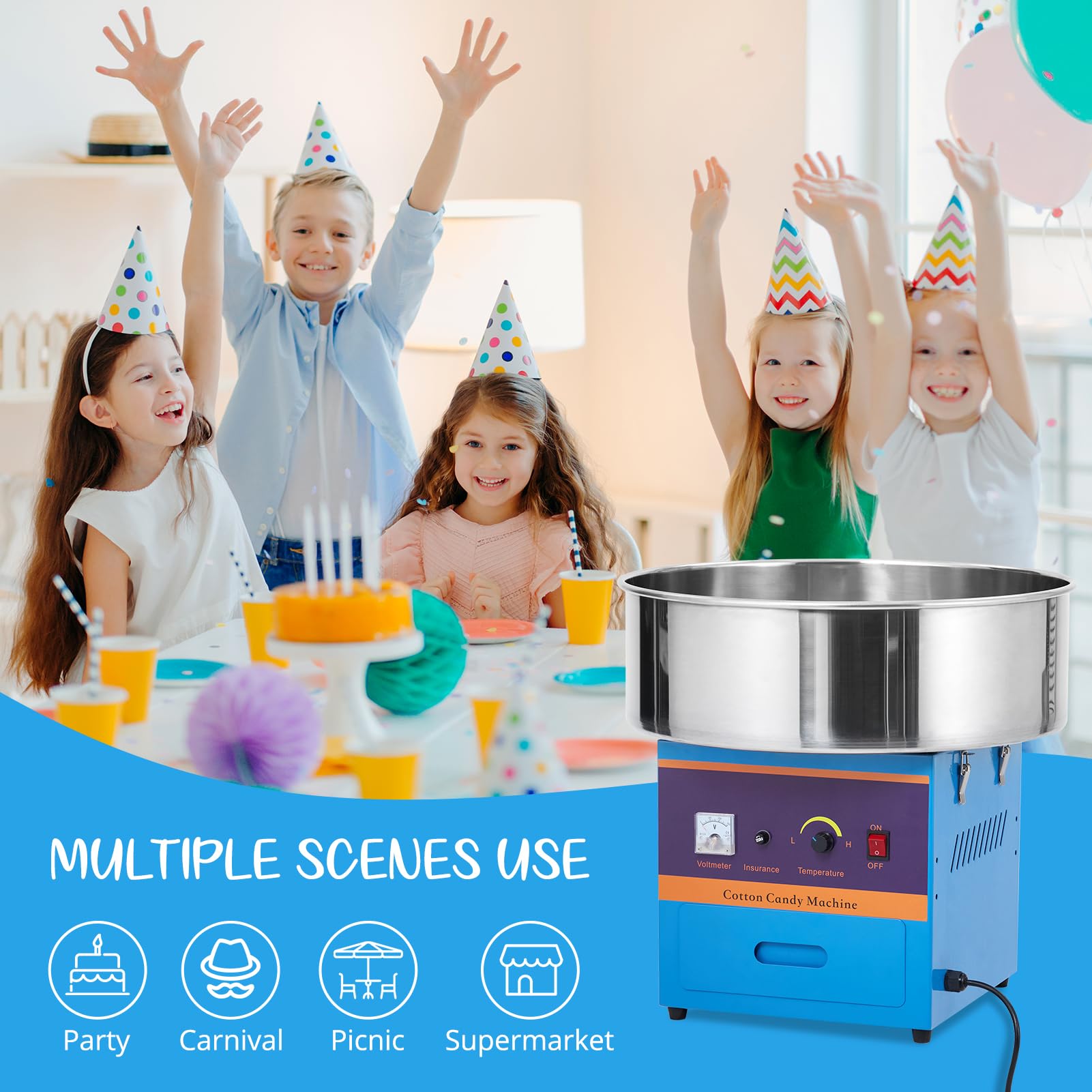 Commercial Cotton Candy Machine 1000W Electric Candy Floss Maker with Stainless Steel Bowl, Sugar Scoop & Storage Drawer - Perfect for Birthday Parties, Carnival Events, Wedding Receptions & Family Gatherings (Blue)