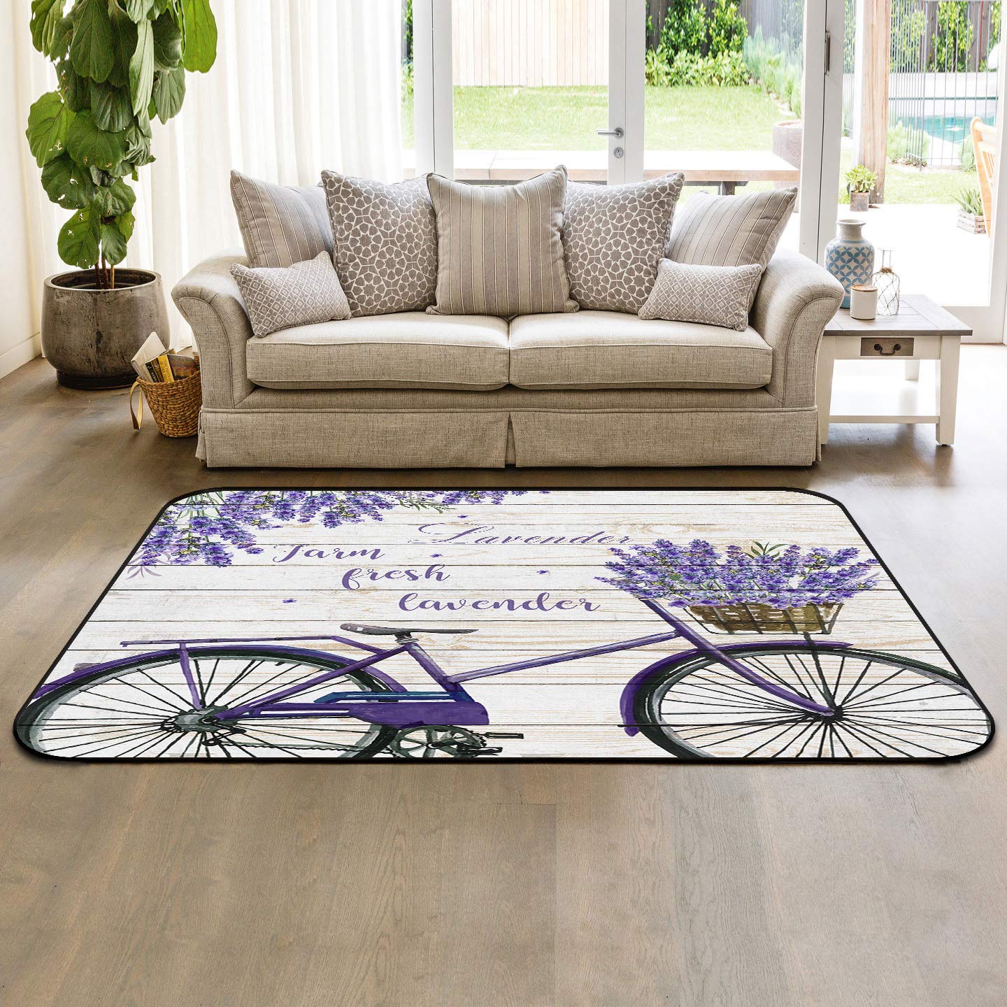 Non-Slip 5'x8' Washable Wooden Plank Area Rug - Soft Natural Fiber Carpet for Bedroom, Nursery, Living Room Decor - Safe for Kids & Pets - Fresh Lavender Bicycle Pattern | Perfect for Cozy Home, Playroom, and Dorm Decor
