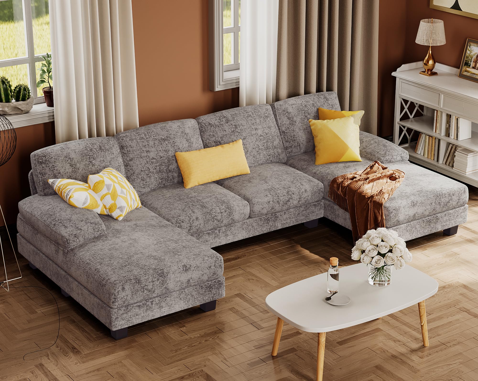 Furmax U-Shaped Sectional Sofa with Linen Fabric, 4-Seat Living Room Couch Set with Double Chaise Lounge - Modern Grey Fabric Sofa for Apartments & Small Spaces | Perfect for Family Gatherings, Movie Nights & Home Decor