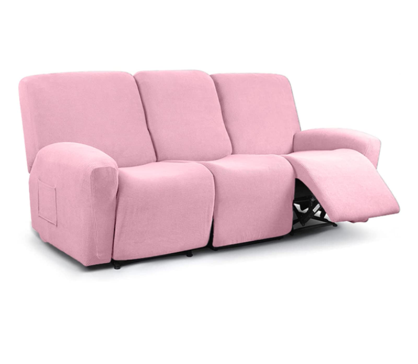 8-Piece Stretch Recliner Sofa Covers - Washable Furniture Protector for 3-Cushion Reclining Couches with Pockets, Soft Pet-Friendly Slipcover in Pink - Perfect for Living Room, Family Room & Pet Owners