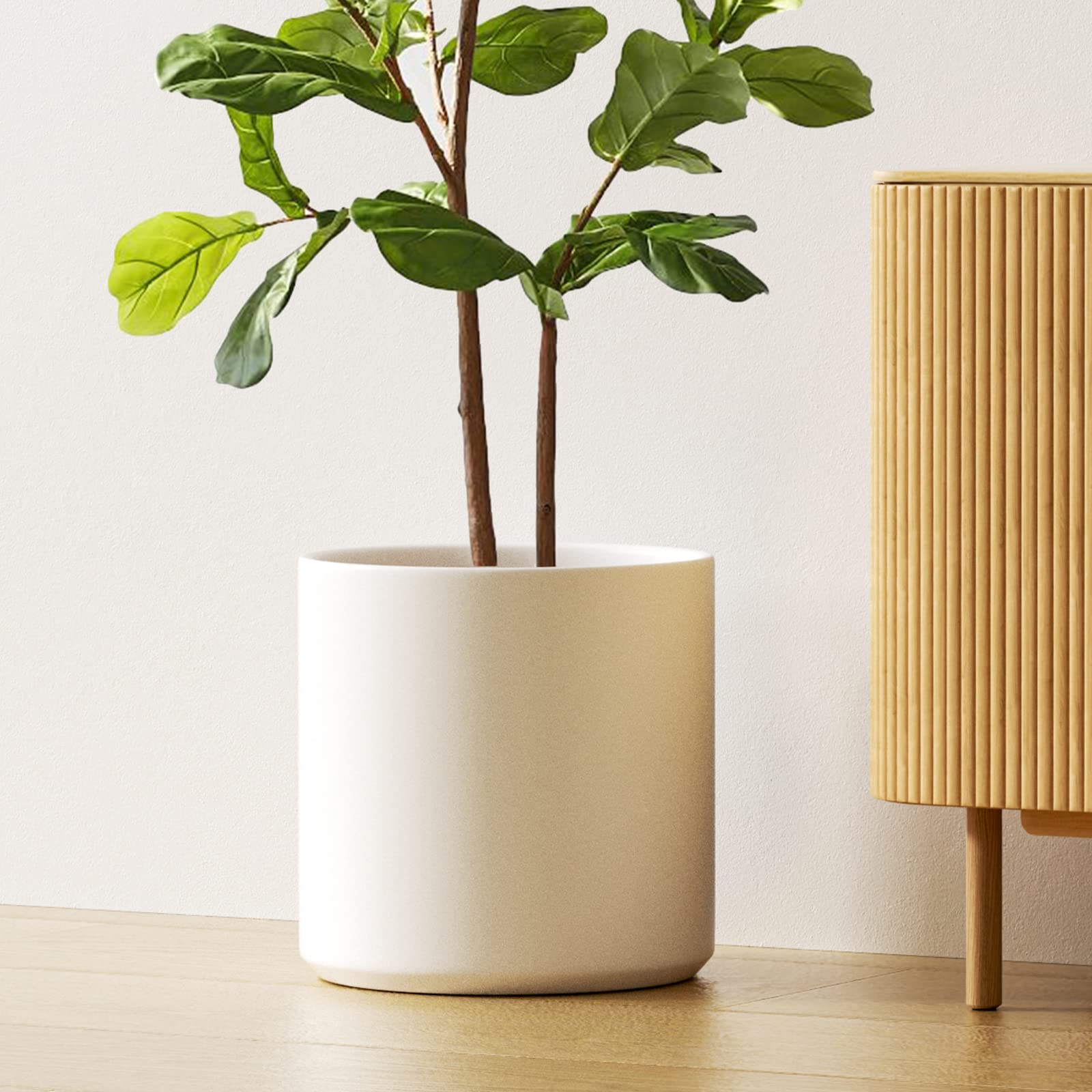 LE TAUCI 12 Inch Ceramic Planter Pot - Large Modern Indoor Plant Pot with Drainage Hole & Removable Plug - Mid-Century White Flower Pot for Home Decor, Office Plants, Living Room & Garden Decor