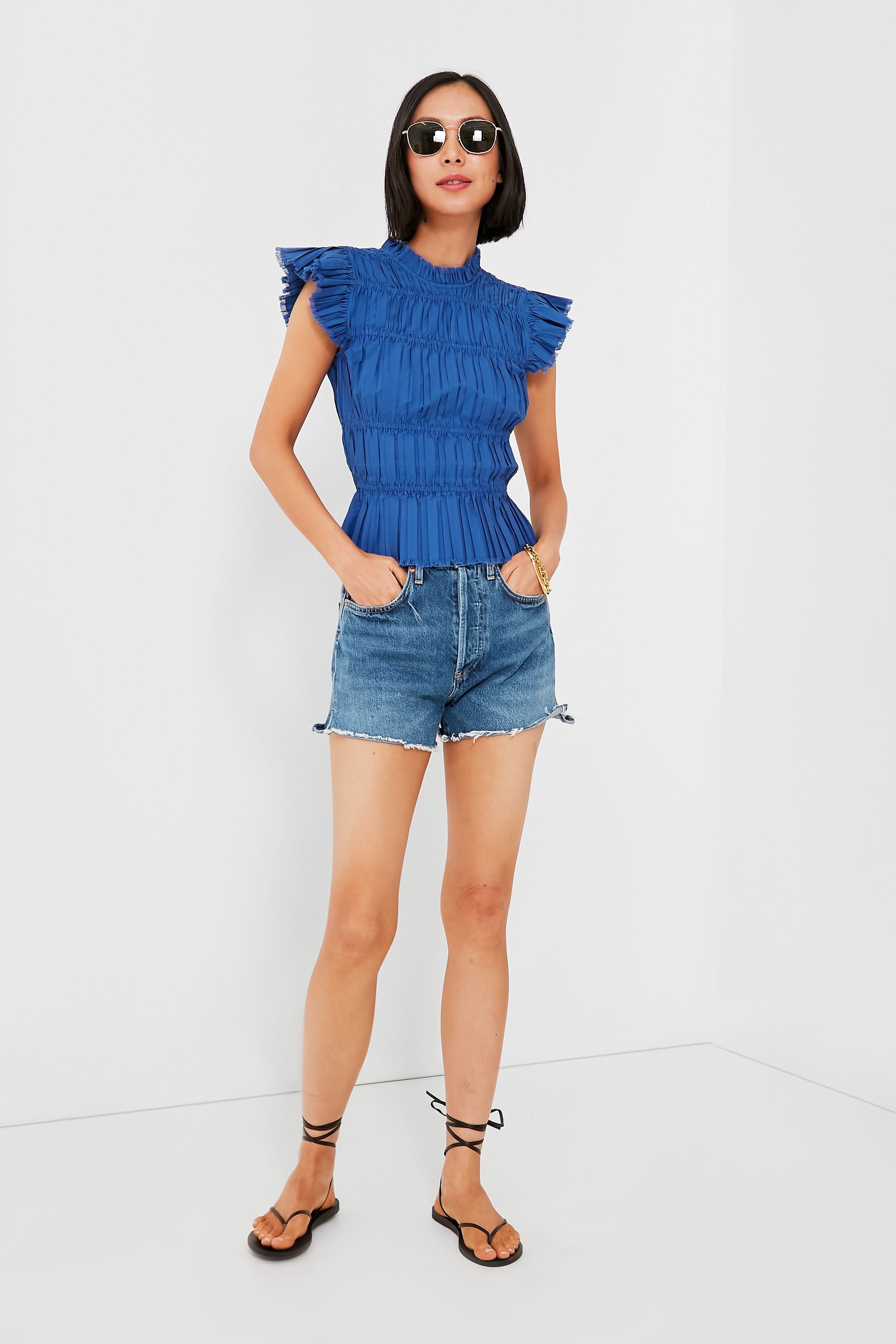 Blue Greir Pleating Flutter Sleeve Top for Women | Elegant Blouse for Casual Wear, Office & Date Night Outfits