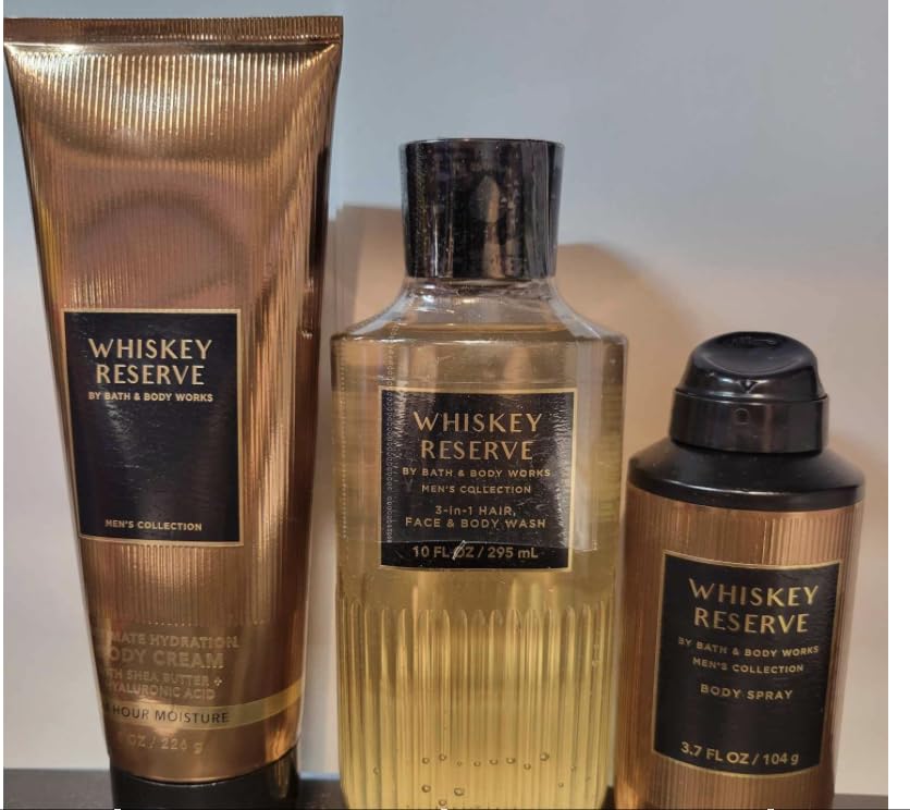 3-Pack Whiskey Reserve Men's Body Wash Set - Deodorizing Body Spray & Moisturizing Body Cream for Men - Perfect for Shower, Gym & Travel