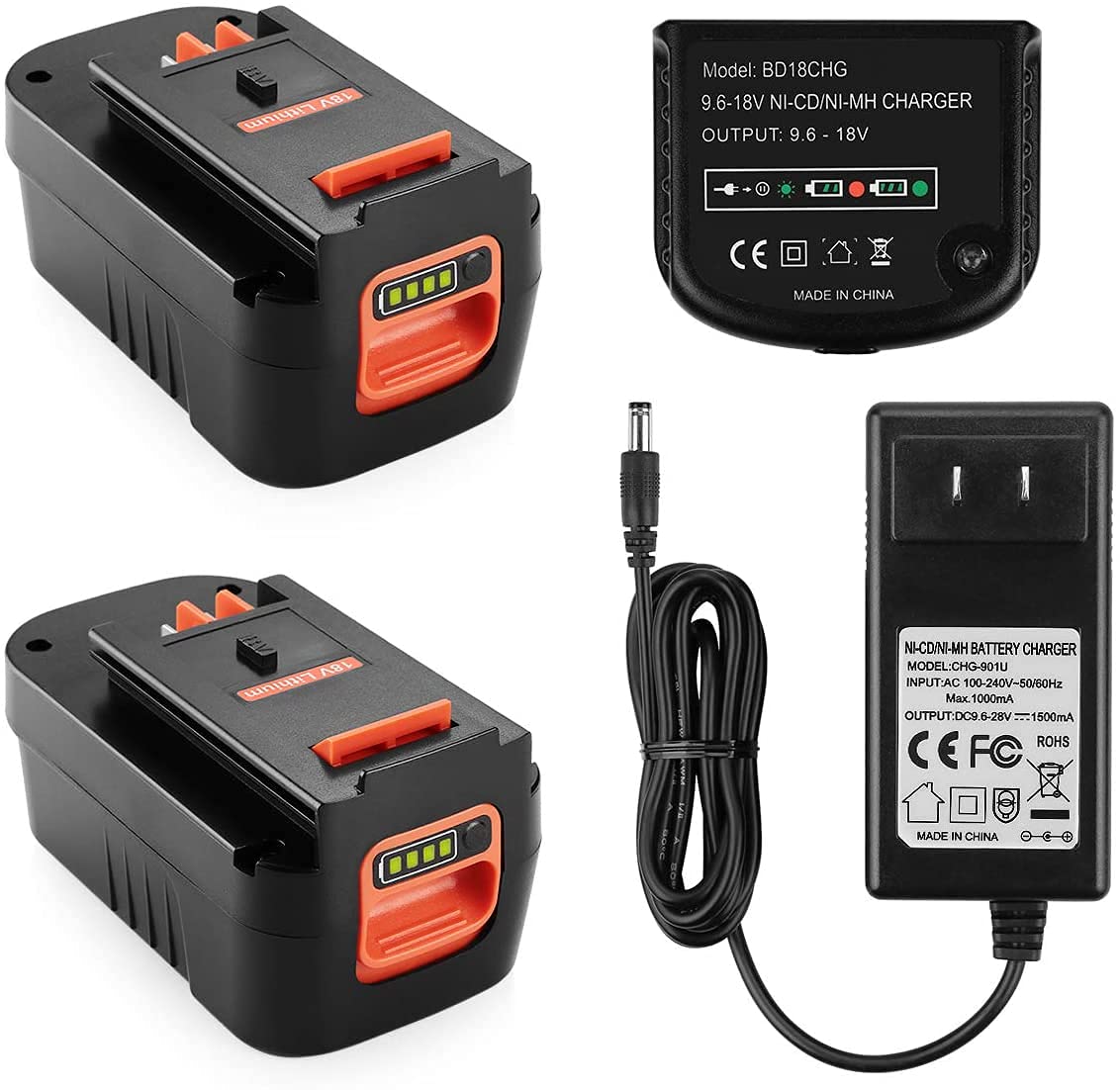 Powilling 2-Pack 5.0Ah Lithium Battery Replacement for Black & Decker 18V Tools - Compatible with HPB18, HPB18-OPE, 244760-00, A1718, FS18FL, FSB18 - Includes Charger - Perfect for Drills, Saws, and Outdoor Power Tools
