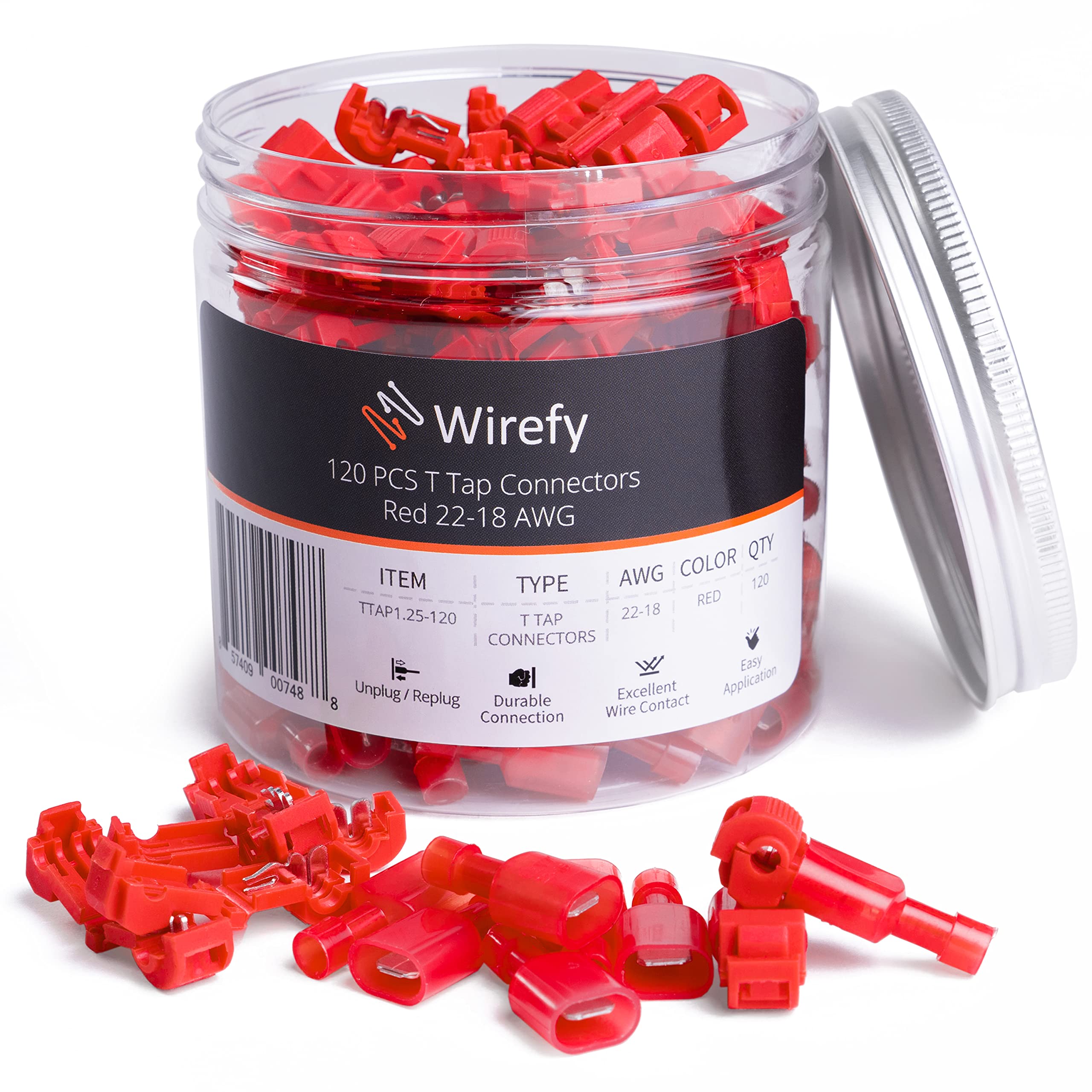 Wirefy T Tap Wire Connectors 120 PCS - Quick Splice & Disconnect Terminals for 22-18 AWG Wires (Red) - Ideal for Automotive, Marine & DIY Electrical Projects