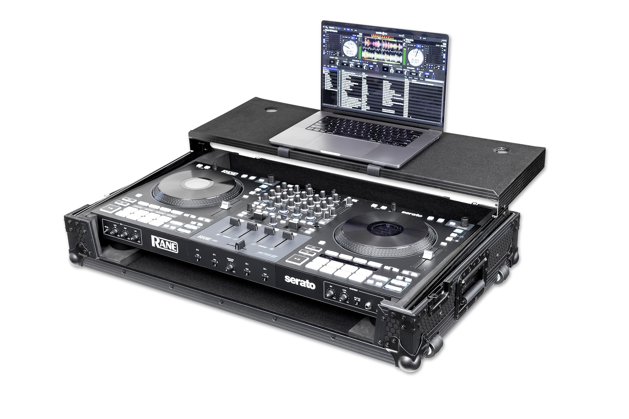 Rane Four & Rane Performer DJ Flight Case - Pitch Black Headliner with Laptop Platform & Wheels | Perfect for DJ Gigs, Club Performances & Music Events