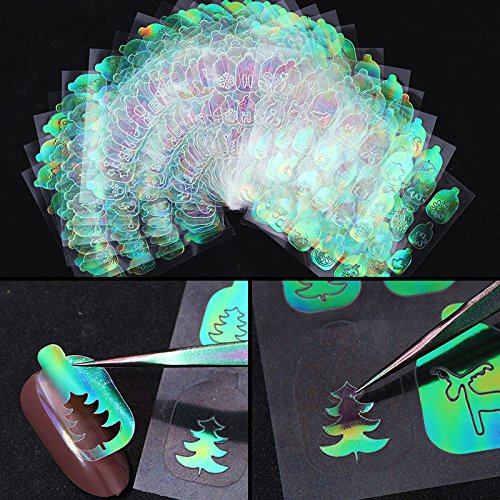 6PCS Christmas Unicorn Nail Art Stickers - AB Color 3D Hollow Vinyls for Nail Decoration (Random Patterns) - Perfect for Holiday Parties, DIY Manicures & Gift Giving