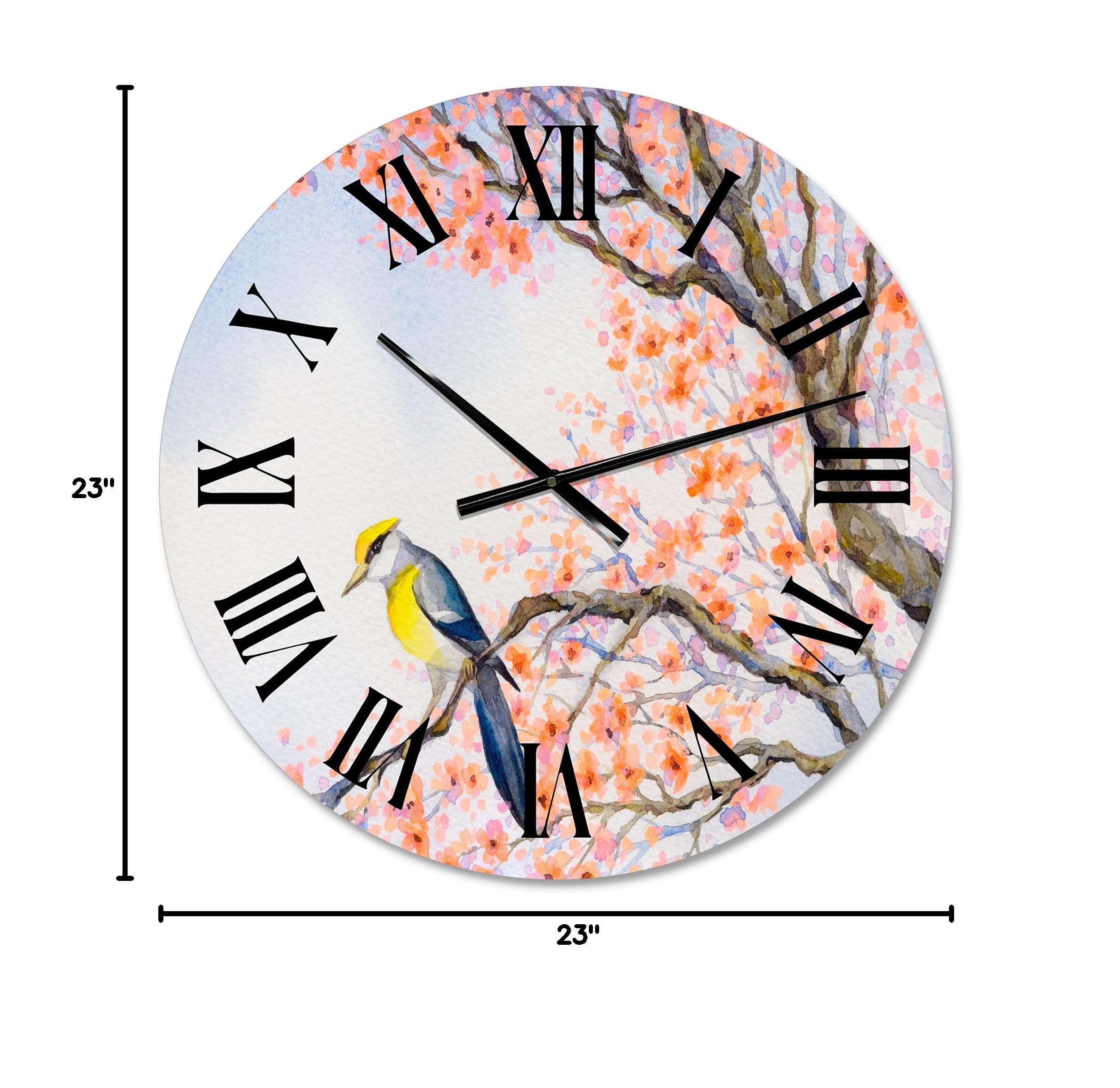 DesignQ Traditional Wall Clock - Beautiful Blue Bird on Flowering Branch I - Large Animal Wall Clock for Home, Office, Living Room Decor - Perfect for Farmhouse, Bedroom & Kitchen Décor