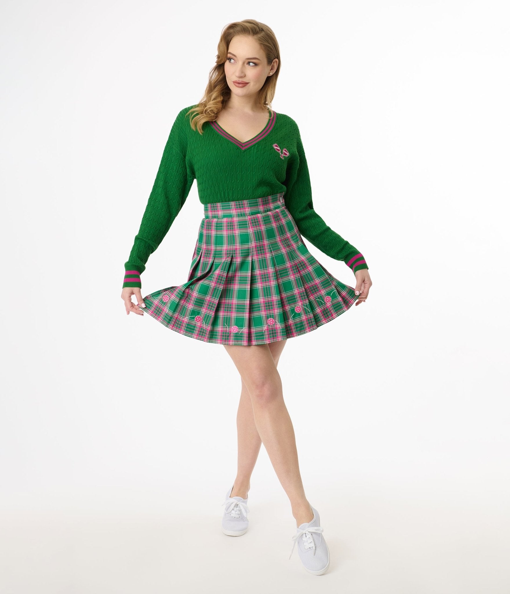 Smak Parlour Pink & Green Plaid Pickleball Pleated Mini Skirt - Women's Athletic Tennis Skirt for Pickleball, Tennis & Casual Wear