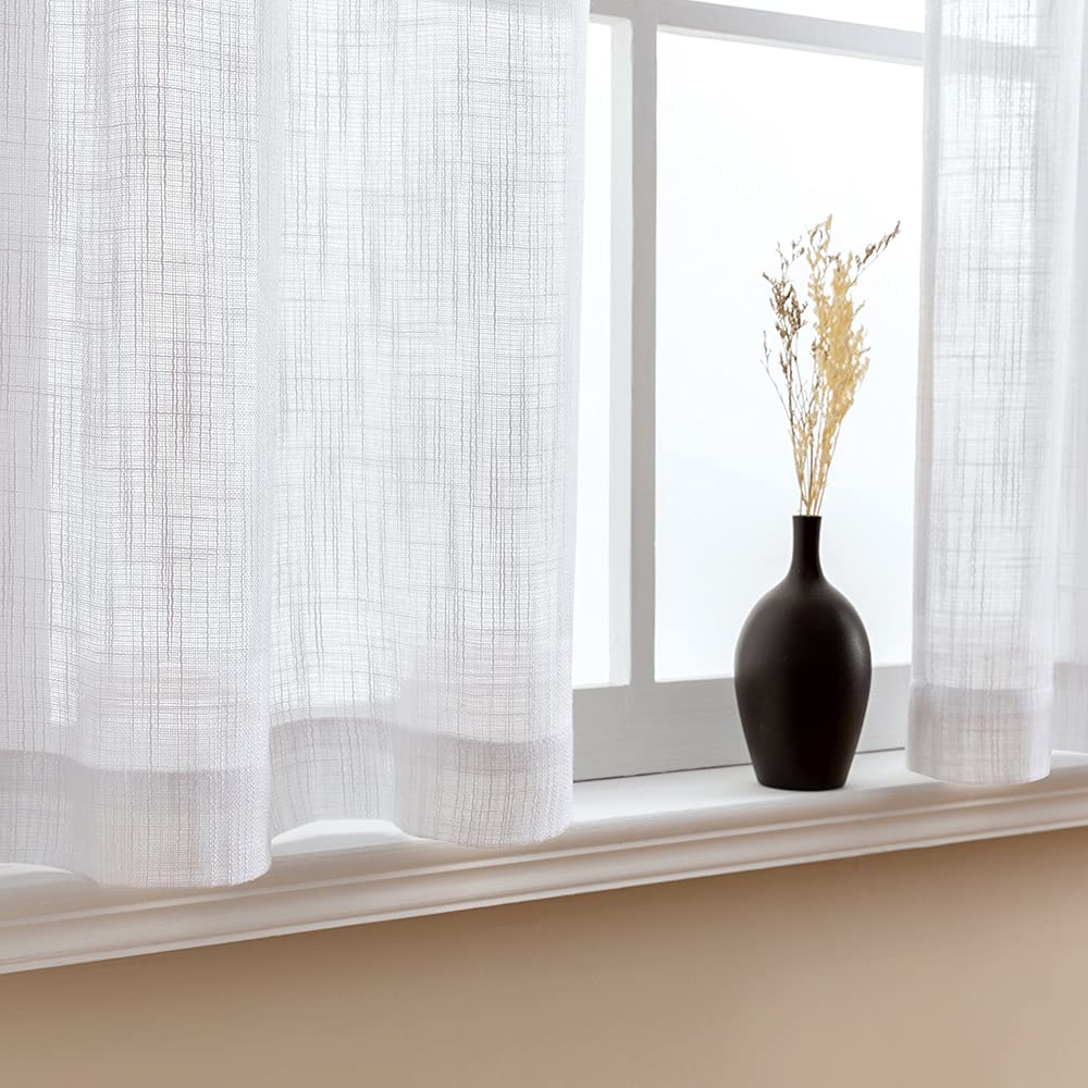 XTMYI White Kitchen Curtains 24 Inch - Set of 2 Linen Textured Semi-Sheer Panels, Boho Farmhouse Cafe Curtain Tiers for Small Windows - Perfect for Kitchen, Bathroom, Basement, RV & Camper Decor