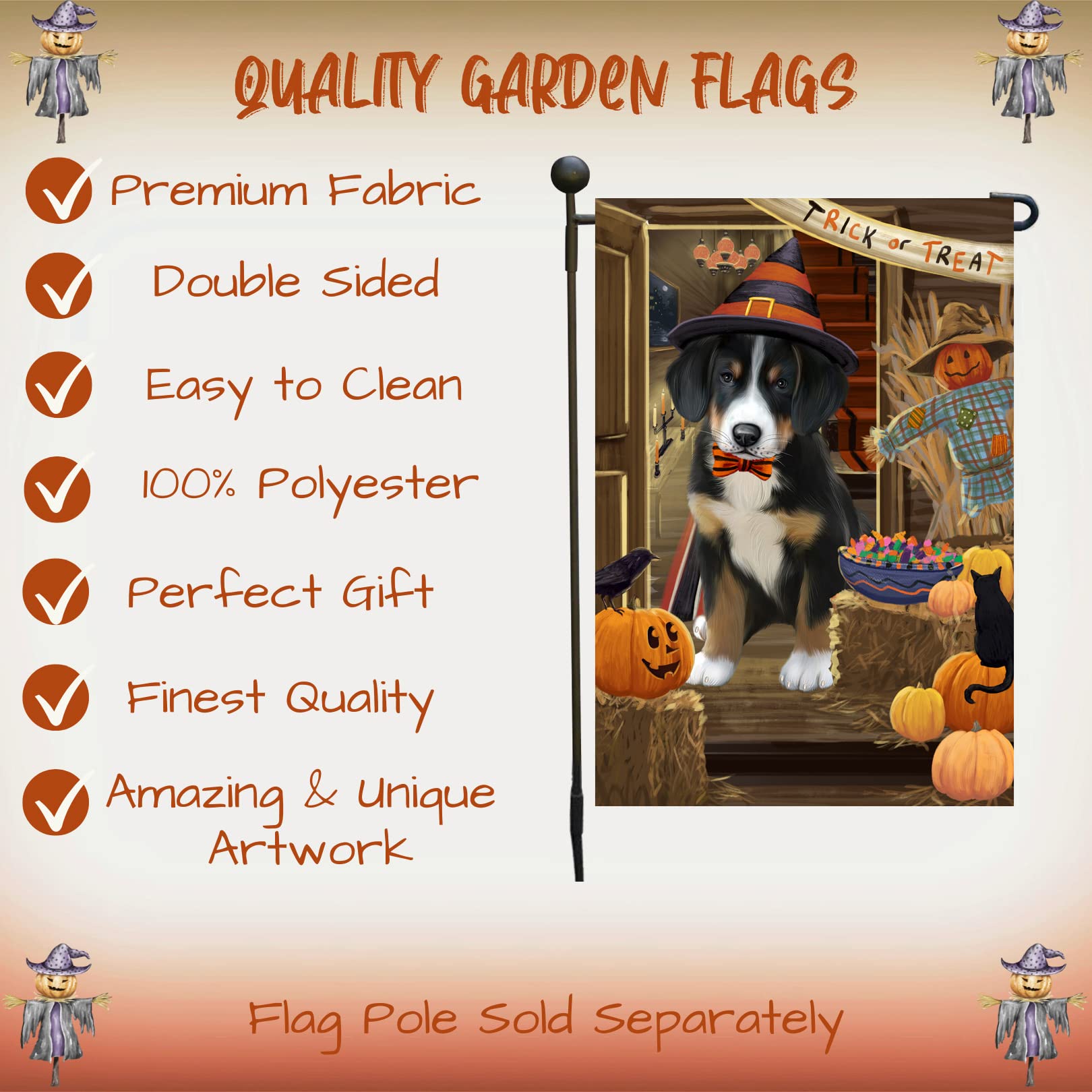 Halloween Greater Swiss Mountain Dog Garden Flag - Double Sided Outdoor Yard Porch Decor, 12.5