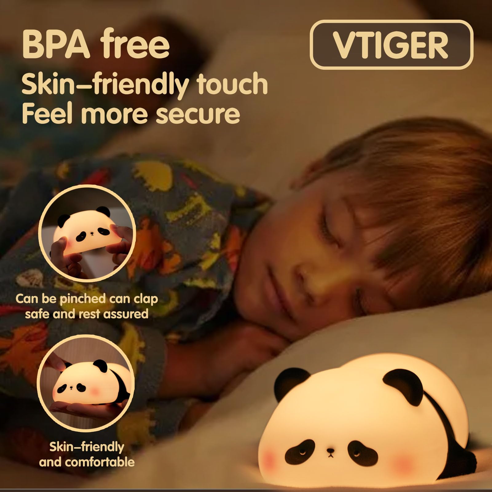 VTIGER Panda Night Light - LED Squishy Cute Lamp for Kids | Dimmable Silicone Panda Nightlight for Girls & Baby Bedrooms | Rechargeable Touch Lamp for Breastfeeding & Nursery Decor | Perfect for Bedtime, Night Feedings & Kids' Room Ambiance