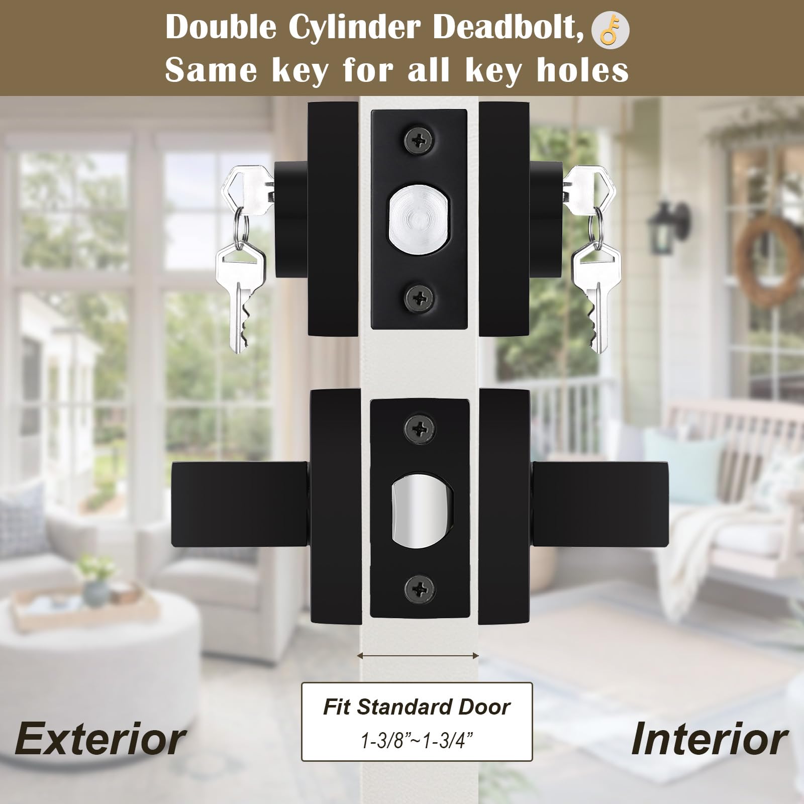 3 Pack Keyed Door Lockset with Deadbolt - Matte Black Square Handleset for Home Security (Bedroom/Front Door)