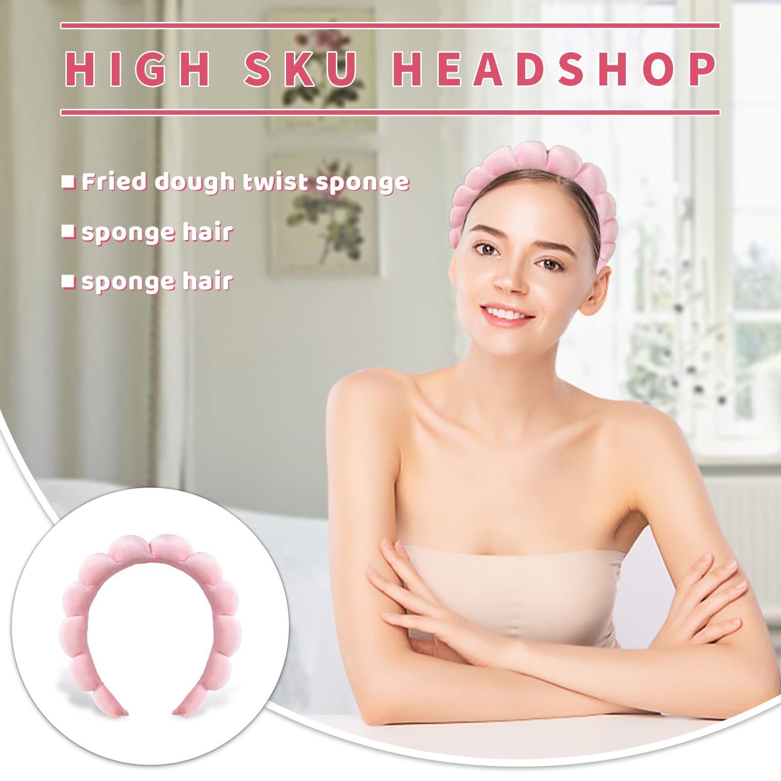 Ycfish Puffy Makeup Headband for Women - Soft Terry Cloth & Sponge Spa Headband for Face Washing, Makeup Removal, Shower & Facial Masks - Cute Pink Skincare Headband (Perfect for Home Spa, Beauty Routine & Self-Care)