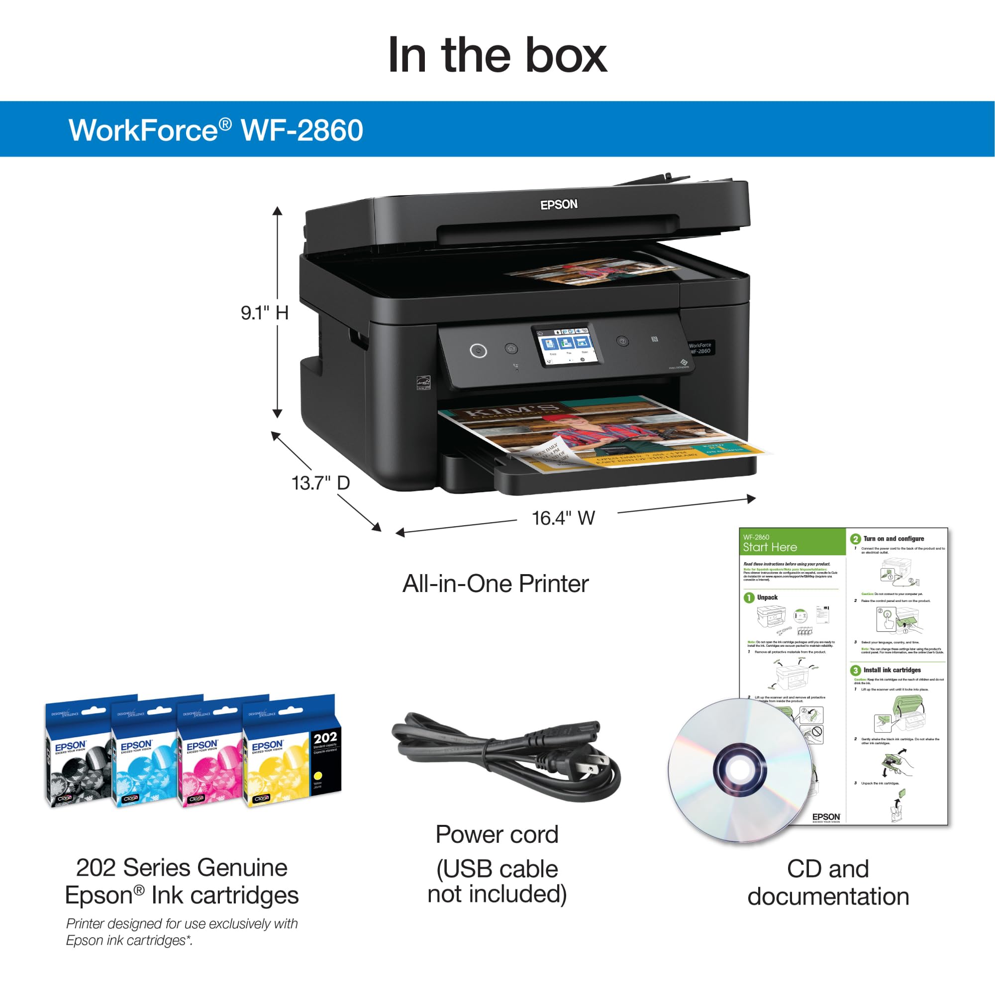 Epson Workforce WF-2860 Wireless All-in-One Color Printer with Scanner, Copier & Fax | Ethernet, Wi-Fi Direct, NFC | Amazon Dash Replenishment Ready | Perfect for Home Office & Small Business Printing Needs