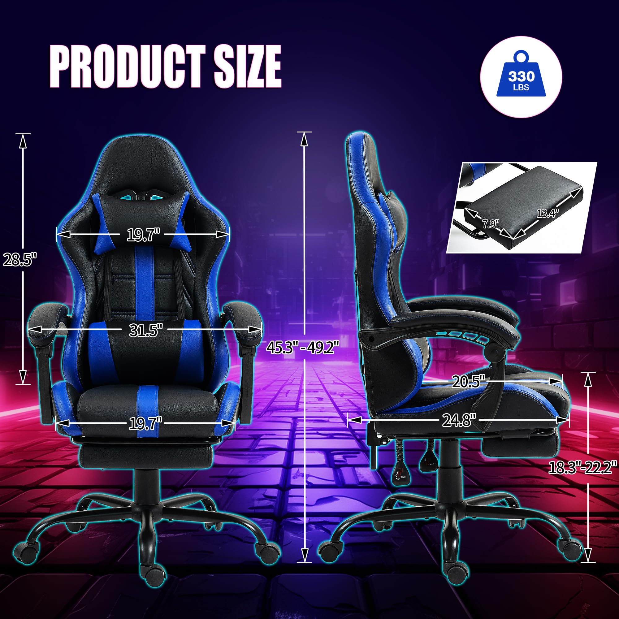 Ergonomic Massage Gaming Chair with Adjustable Footrest & Lumbar Support - PU Leather Office Computer Chair with 360° Swivel & Height Adjustment - Perfect for Home Office, Gaming Setup & Workstation Comfort (Blue)