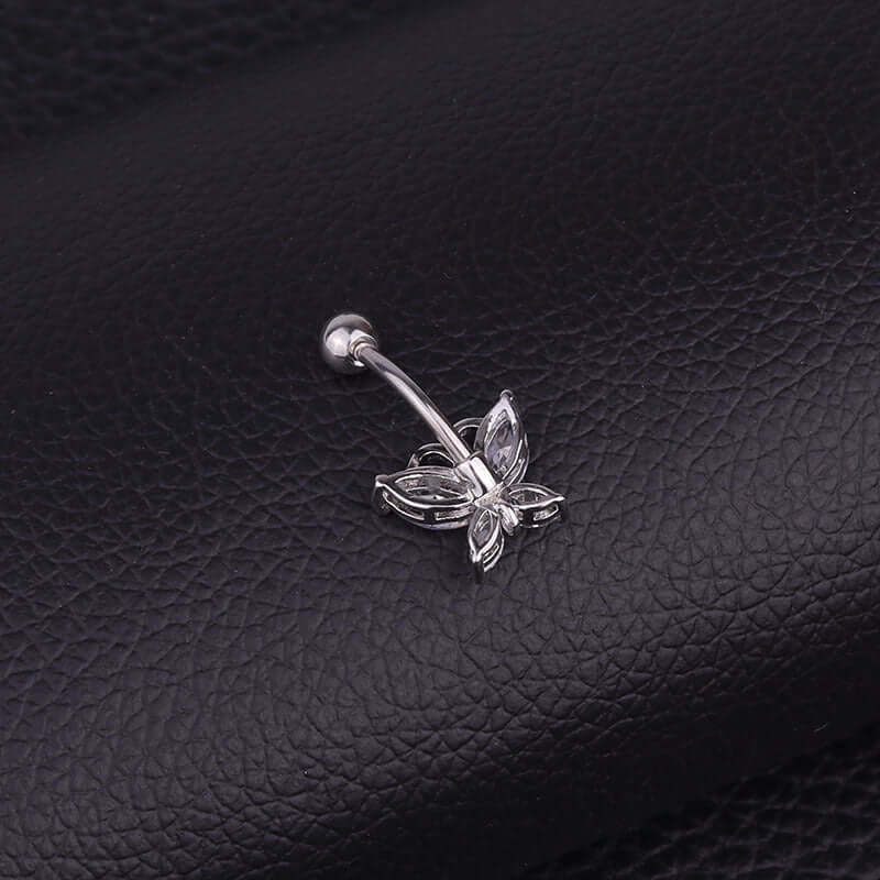 Surgical Steel Butterfly Belly Button Ring - Dangle Navel Piercing Jewelry for Women | HSBJ1709110 | Perfect for Summer Beach Wear & Belly Dance Outfits