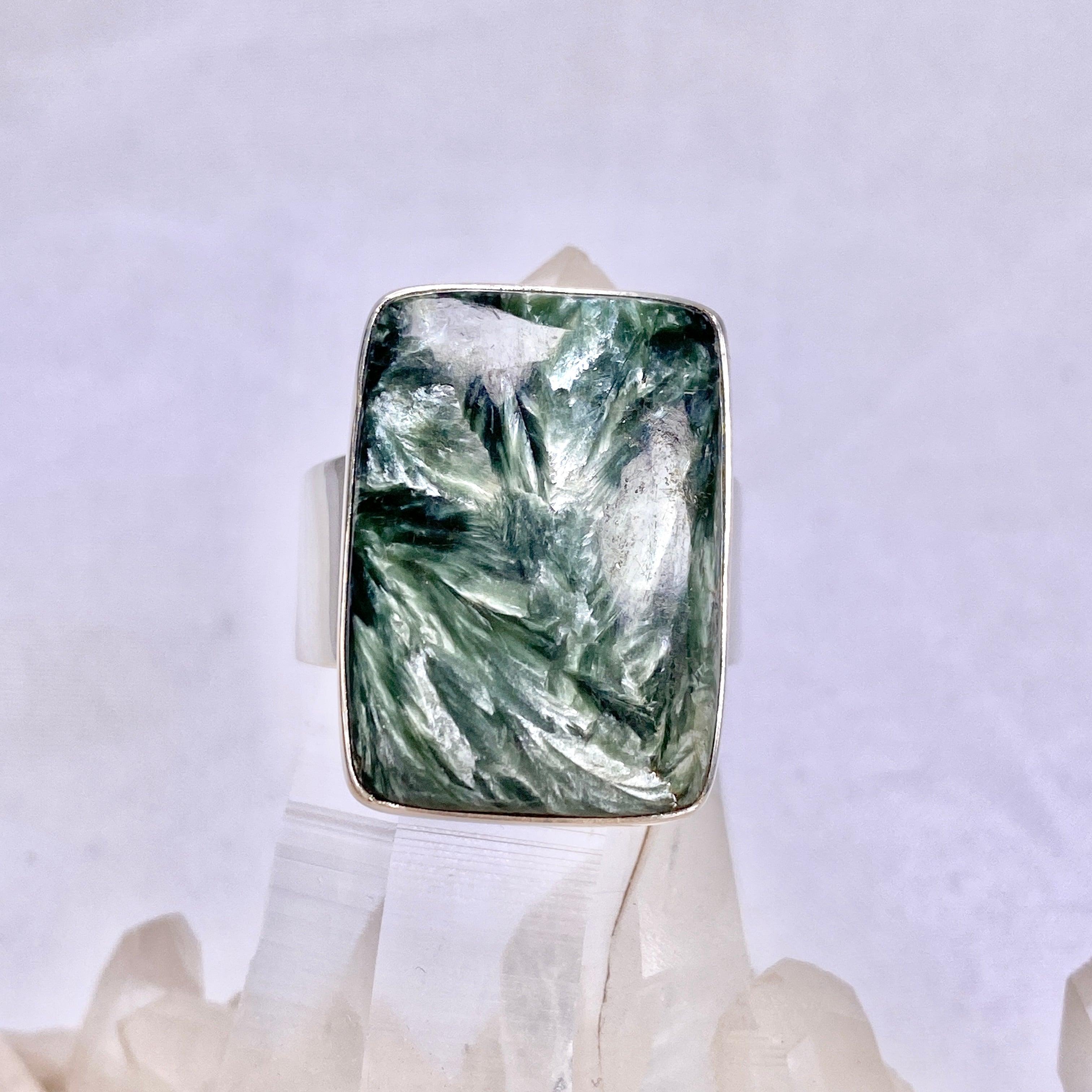 Seraphinite Rectangular Ring Size 12 KRGJ2828 – Elegant Green Gemstone Jewelry for Women, Perfect for Weddings, Parties & Special Occasions