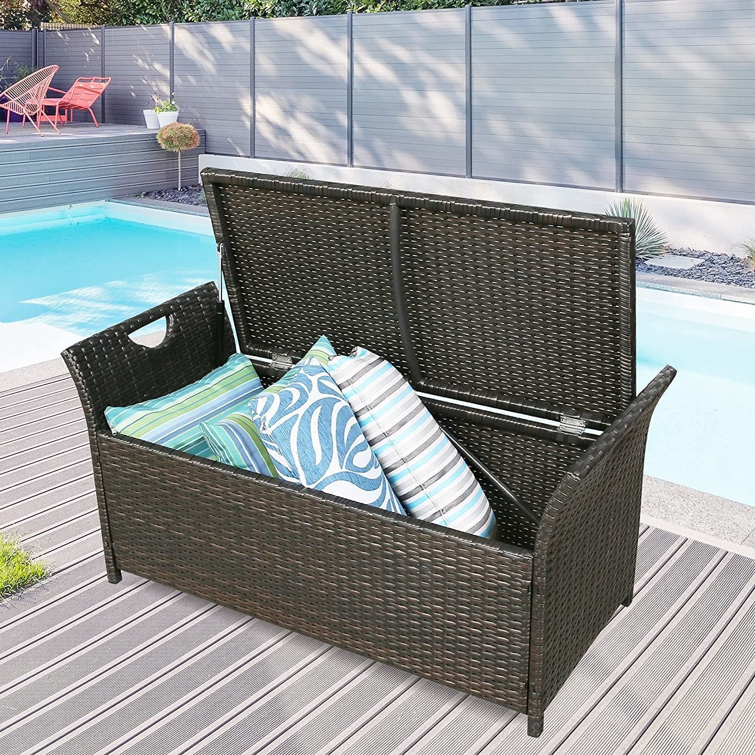 Outdoor Rattan Storage Bench with Cushion - Waterproof Patio Deck Box for Furniture Cushions & Garden Tools - Perfect for Backyard, Garden, and Poolside Storage