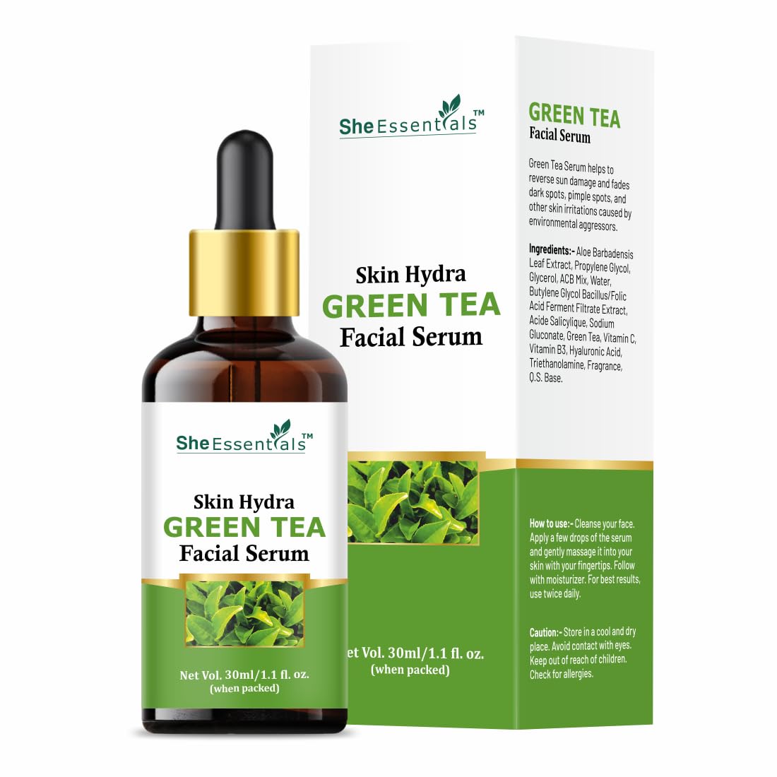 She Essentials Green Tea Face Serum with Aloe Vera Extract, Pro Vitamin B5 & Vitamin E | Anti-Aging, Skin Repair, Reduces Blemishes & Fine Lines | Paraben-Free, SLS-Free, Suitable for All Skin Types | Perfect for Daily Skincare Routine & Nighttime Hydration - 30ml