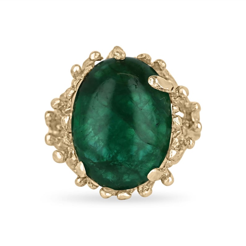 12ct 14K Gold Zambian Emerald Ring - Natural Dark Green Oval Cabochon Cut Solitaire Statement Jewelry for Women, Perfect for Weddings, Anniversaries & Special Occasions