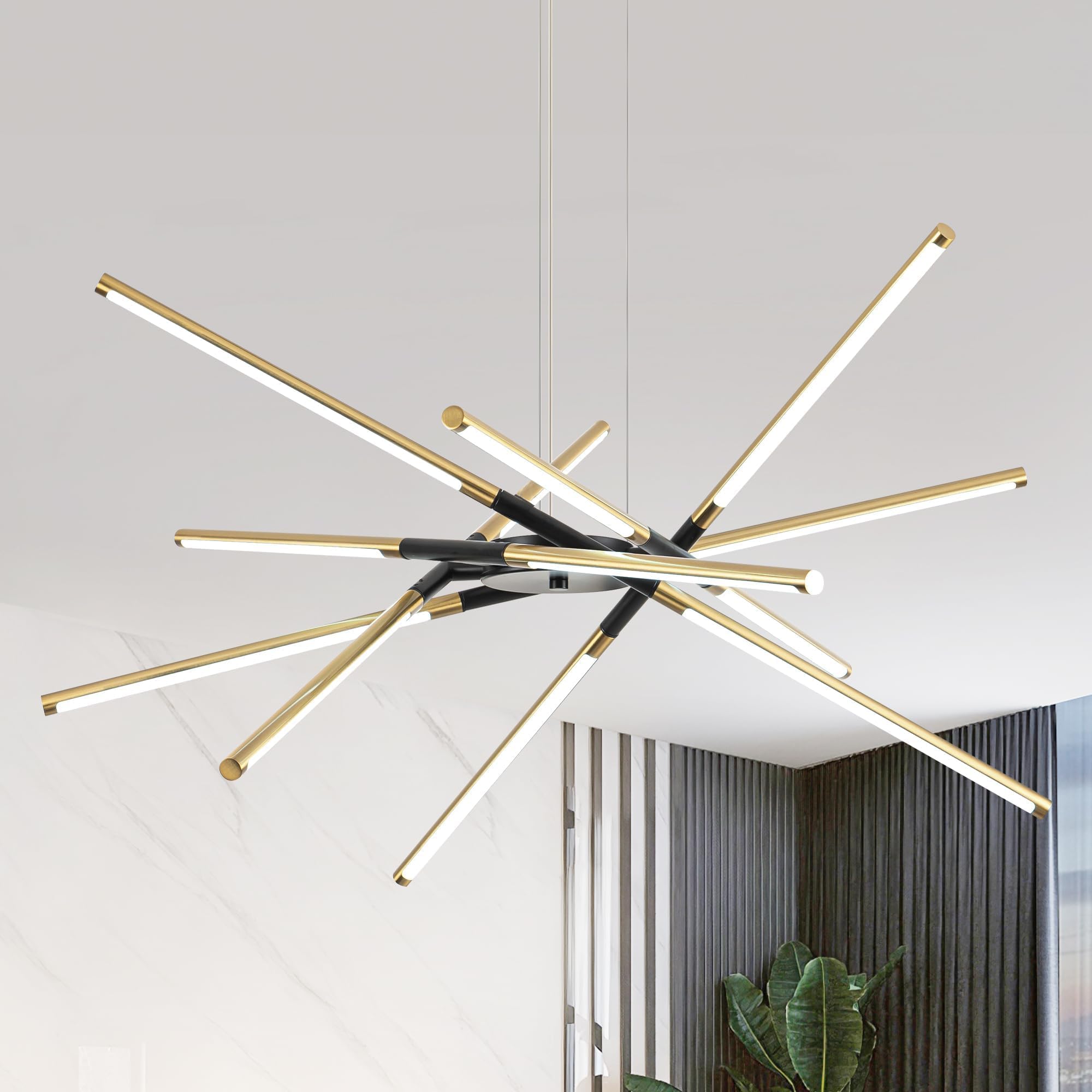 36in Modern LED Chandelier 12 Heads, 48W Dimmable Hanging Ceiling Light in Black and Gold - Adjustable Length for Kitchen Island, Dining Room, Bedroom, Living Room - Perfect for Modern Home Decor, Wedding Lighting, and Restaurant Ambiance