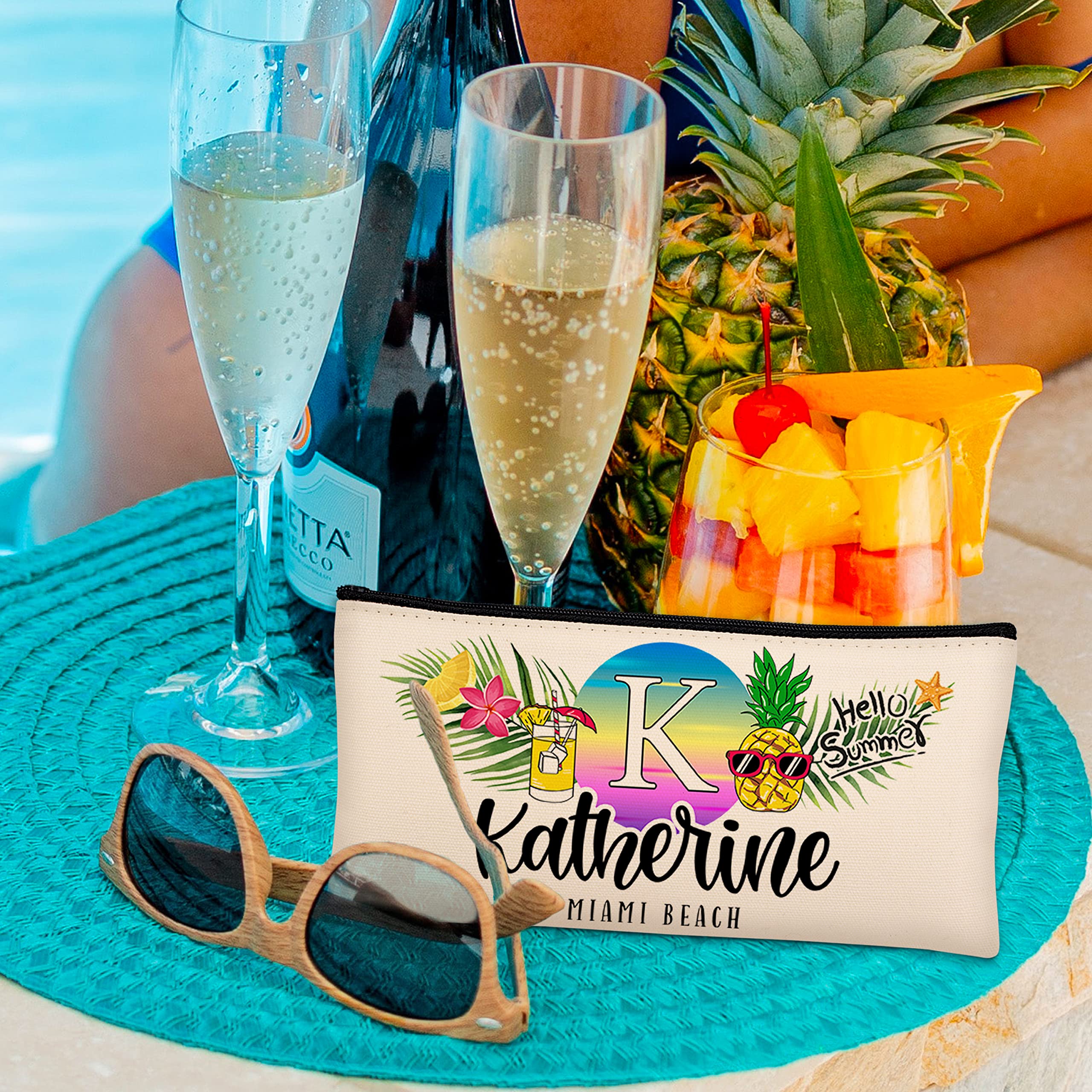 **Personalized Summer Canvas Makeup Bag for Women & Girls - Custom Initial Beach Cosmetic Case, Flamingo Beige Cotton Purse, Holiday Travel Essential (6 Designs) - Perfect for Beach Trips, Vacations & Teen Gifts**