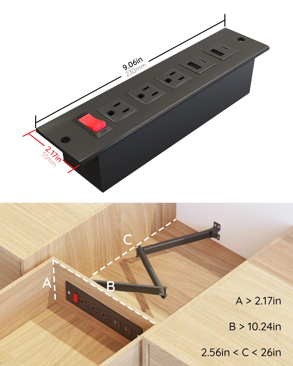 20W USB C PD Fast Charging Recessed Outlet with Drawer & Cord Management - 14AWG Power Cable for Kitchen Cabinets, Office Desks & Home Organization (Black)