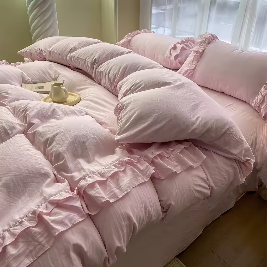 Pastel Ruffled Linen Bedding Set - Soft & Breathable 4-Piece Comforter Cover with Pillowcases - Perfect for Boho Chic Bedroom, Guest Room & Nursery Decor
