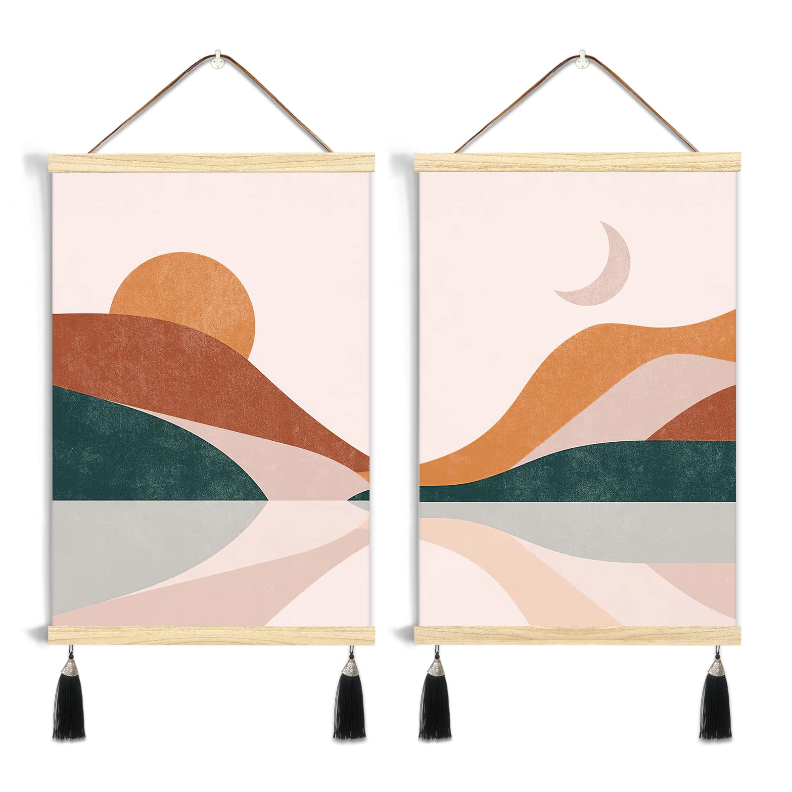 Boho Wall Art Magnetic Poster Hanger - Wooden Frame for Hanging Canvas Posters (Set of 2, 16x24 Inch) - Sun and Moon Desert Themed Wall Decor for Bedroom, Living Room - Perfect for Bohemian Home Decor & Gift Ideas